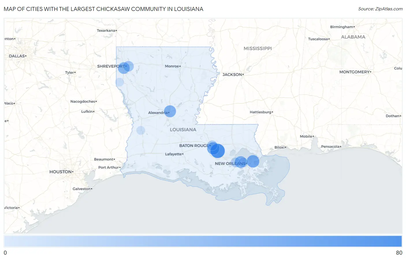 Cities with the Largest Chickasaw Community in Louisiana Map