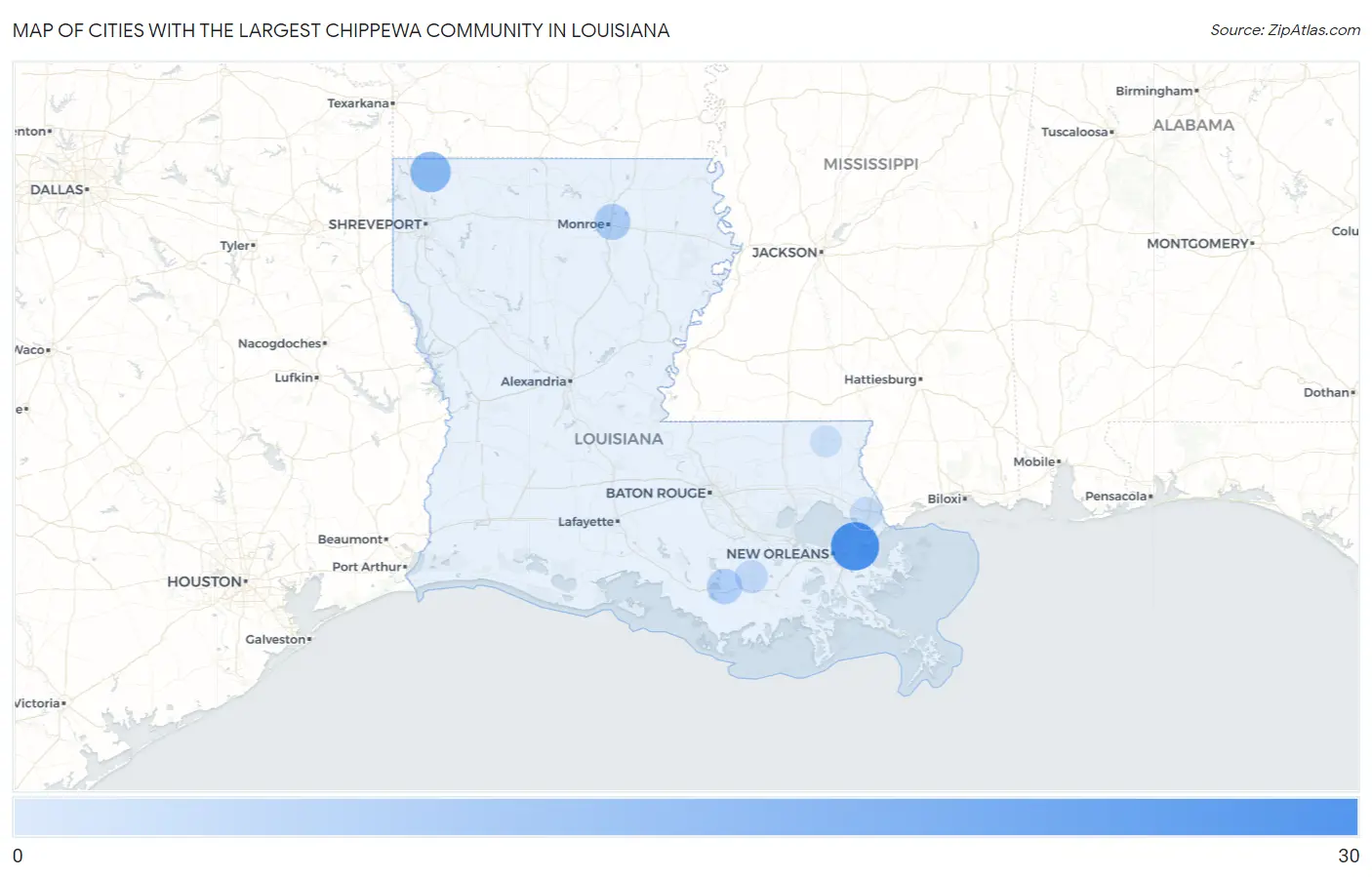 Cities with the Largest Chippewa Community in Louisiana Map
