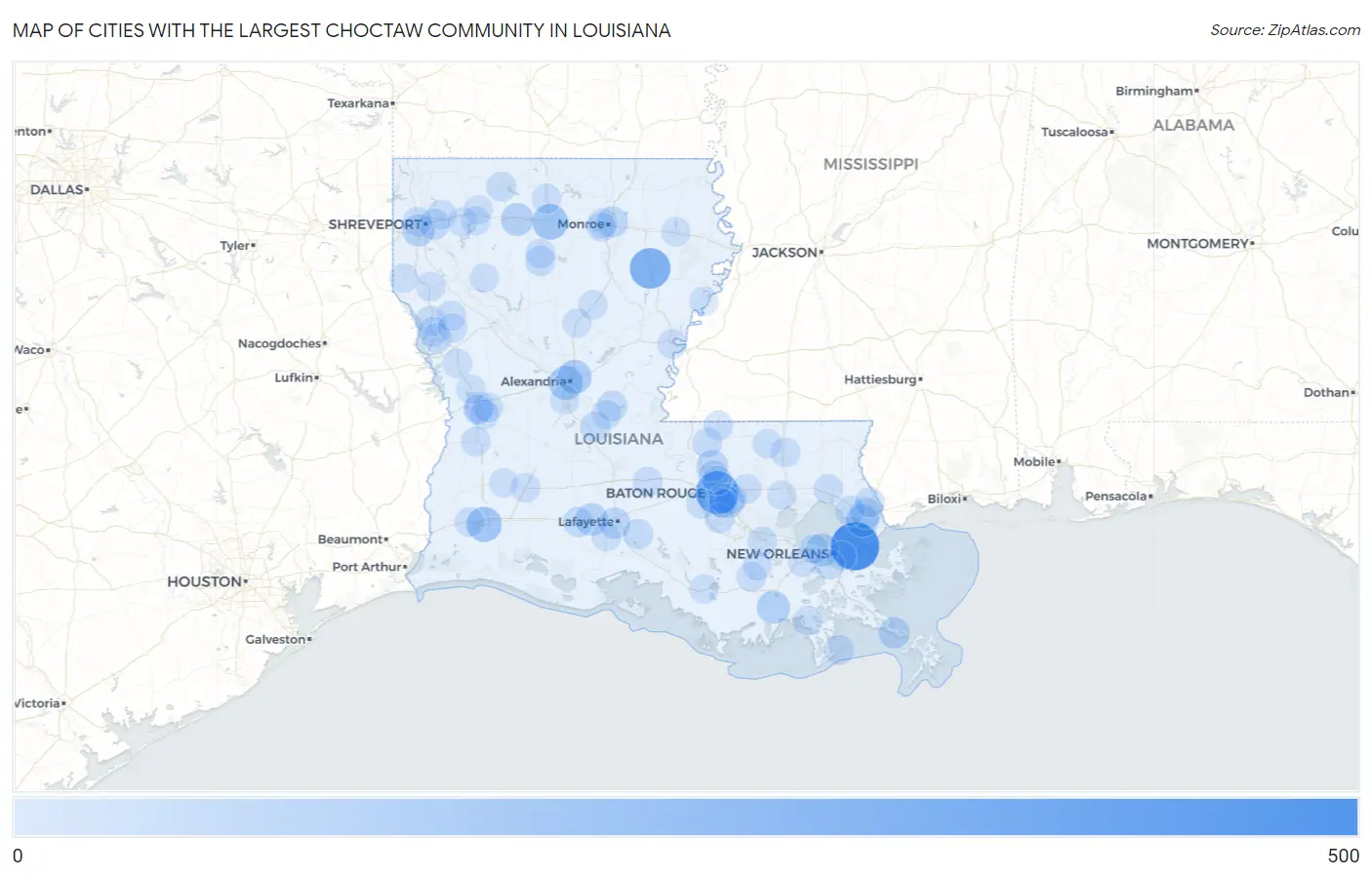 Cities with the Largest Choctaw Community in Louisiana Map