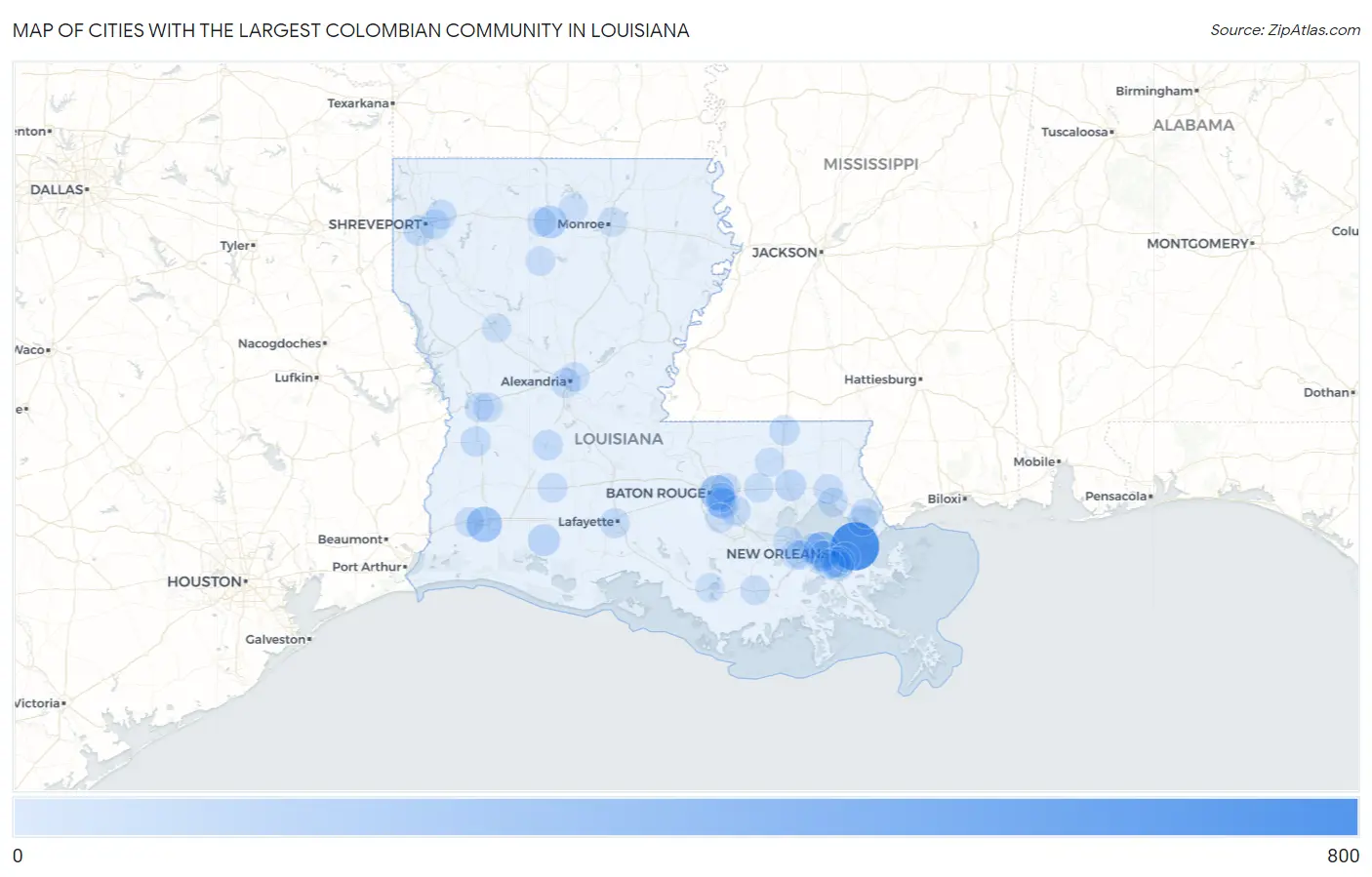 Cities with the Largest Colombian Community in Louisiana Map