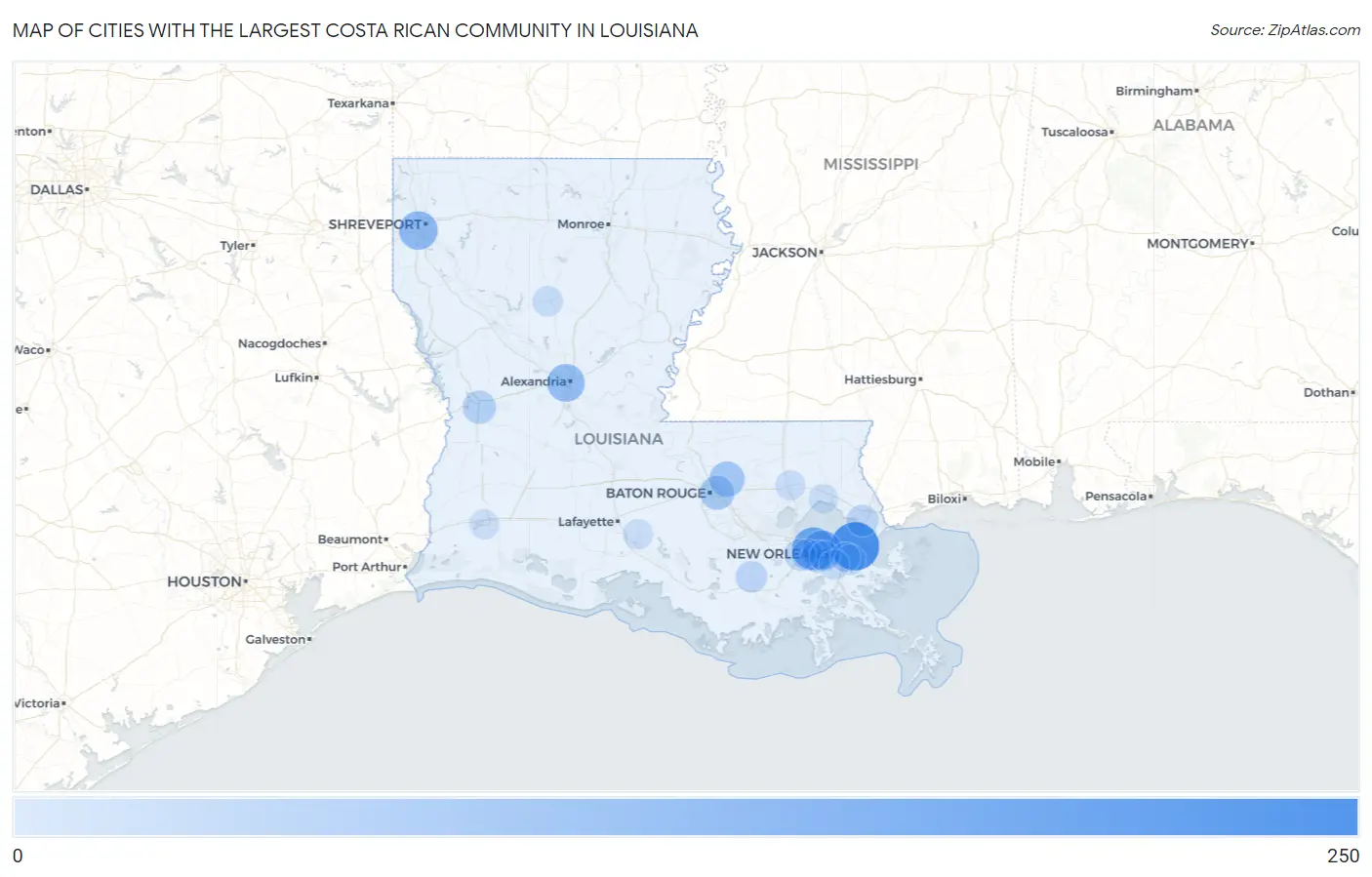 Cities with the Largest Costa Rican Community in Louisiana Map