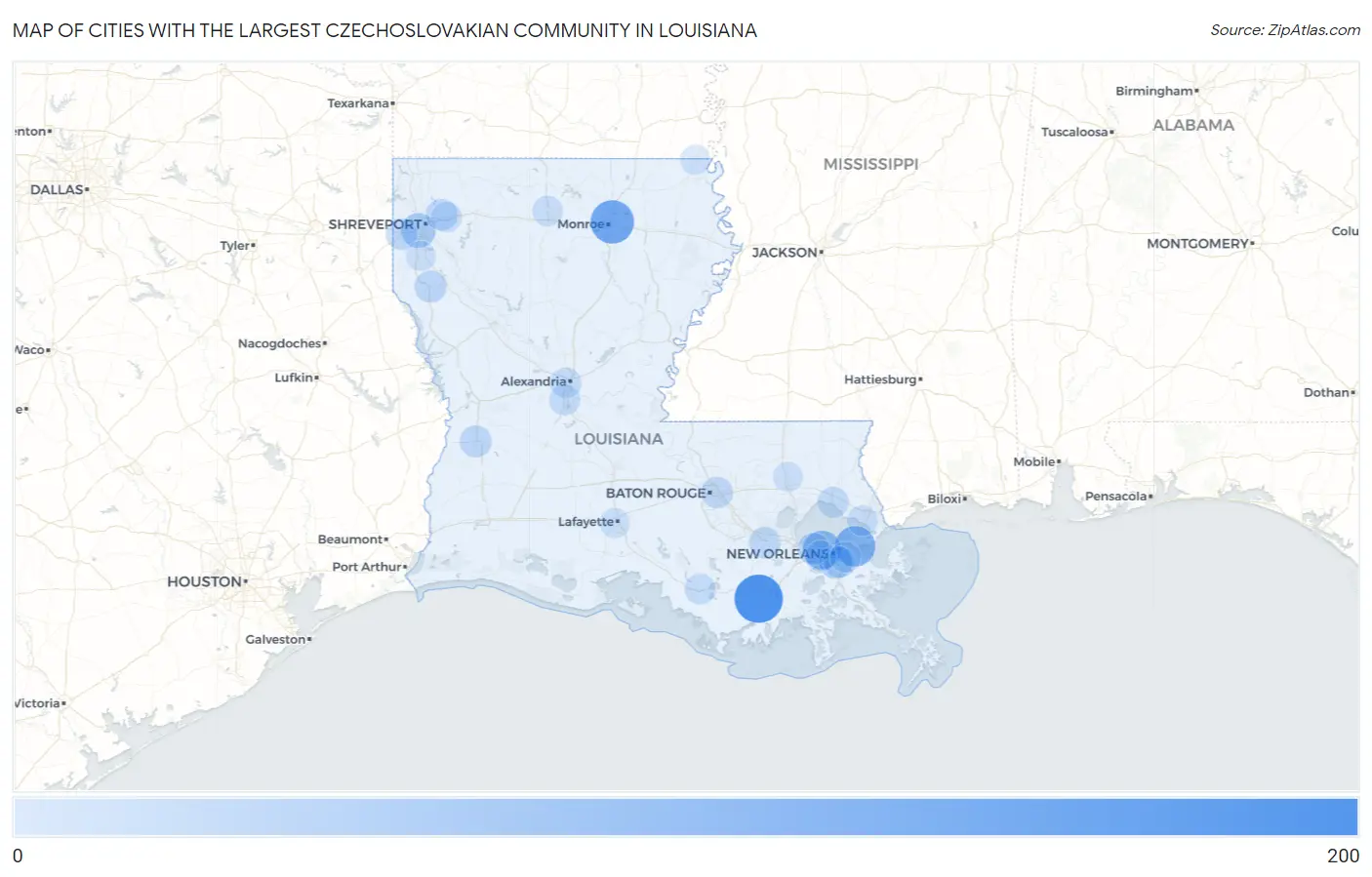 Cities with the Largest Czechoslovakian Community in Louisiana Map