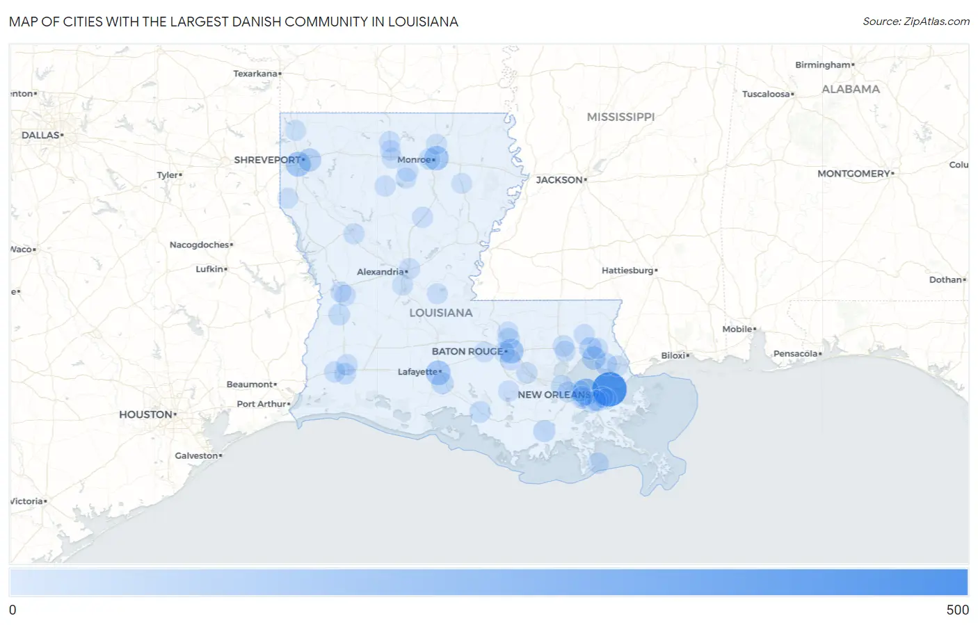 Cities with the Largest Danish Community in Louisiana Map