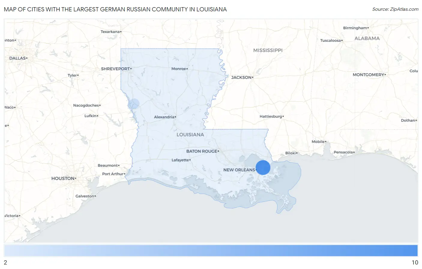 Cities with the Largest German Russian Community in Louisiana Map