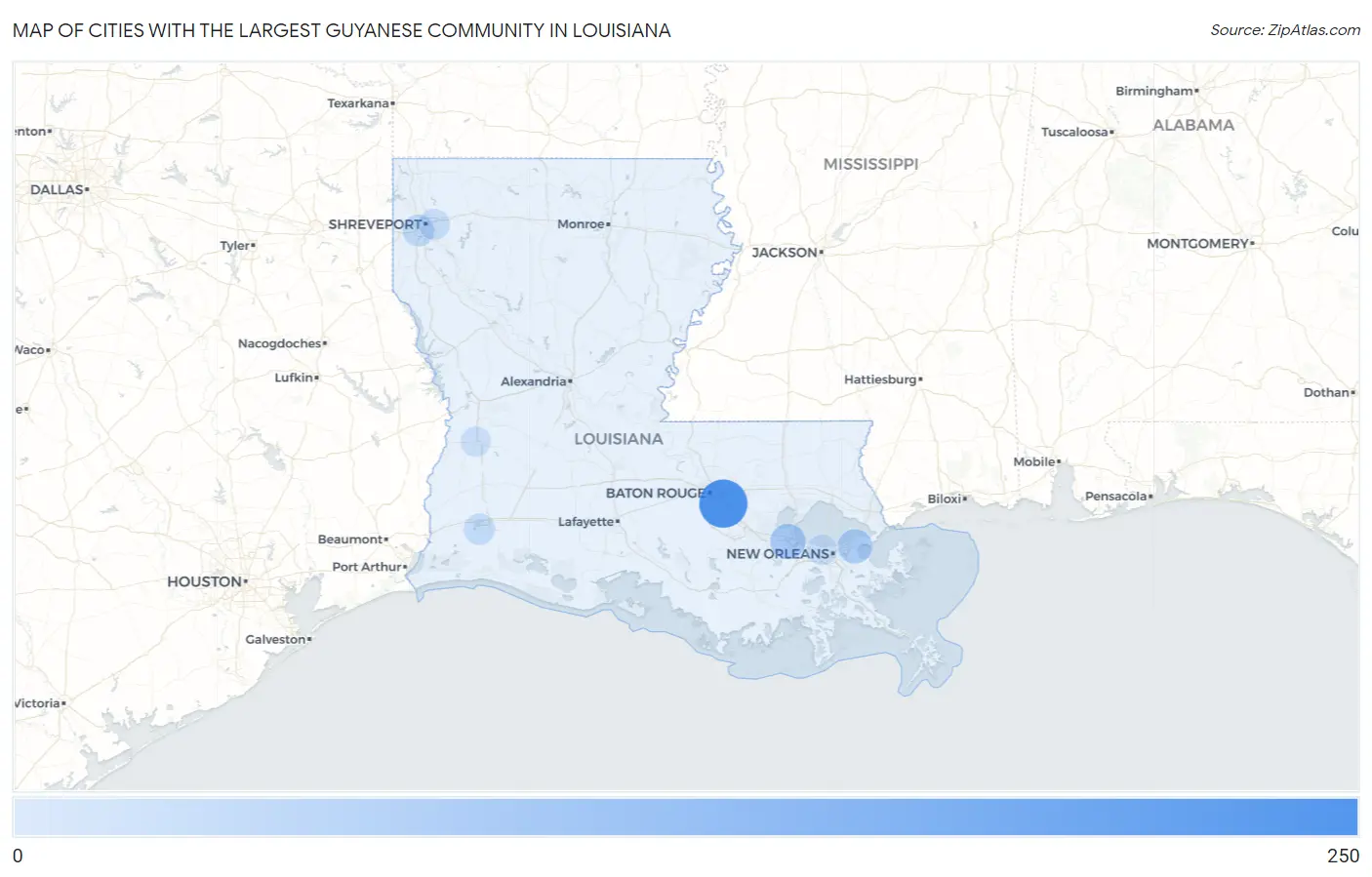 Cities with the Largest Guyanese Community in Louisiana Map