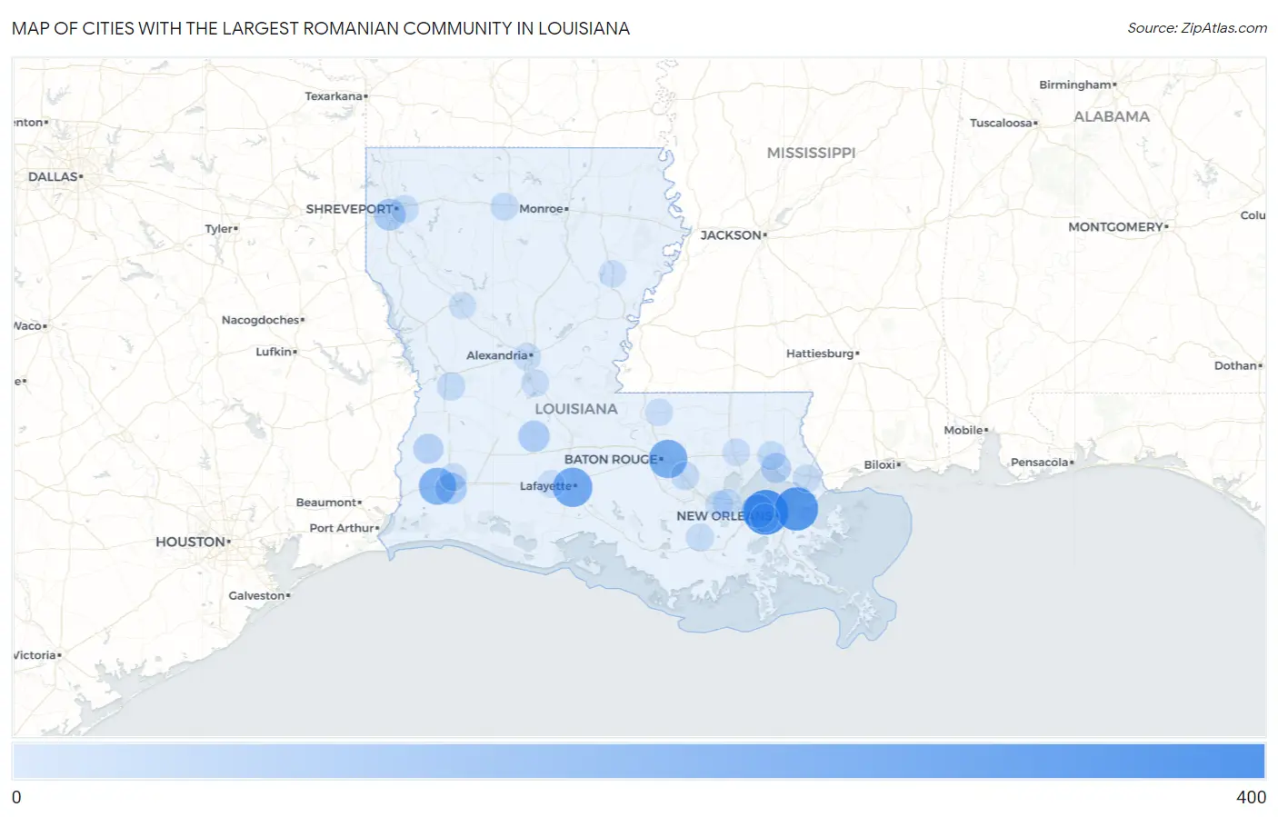 Cities with the Largest Romanian Community in Louisiana Map
