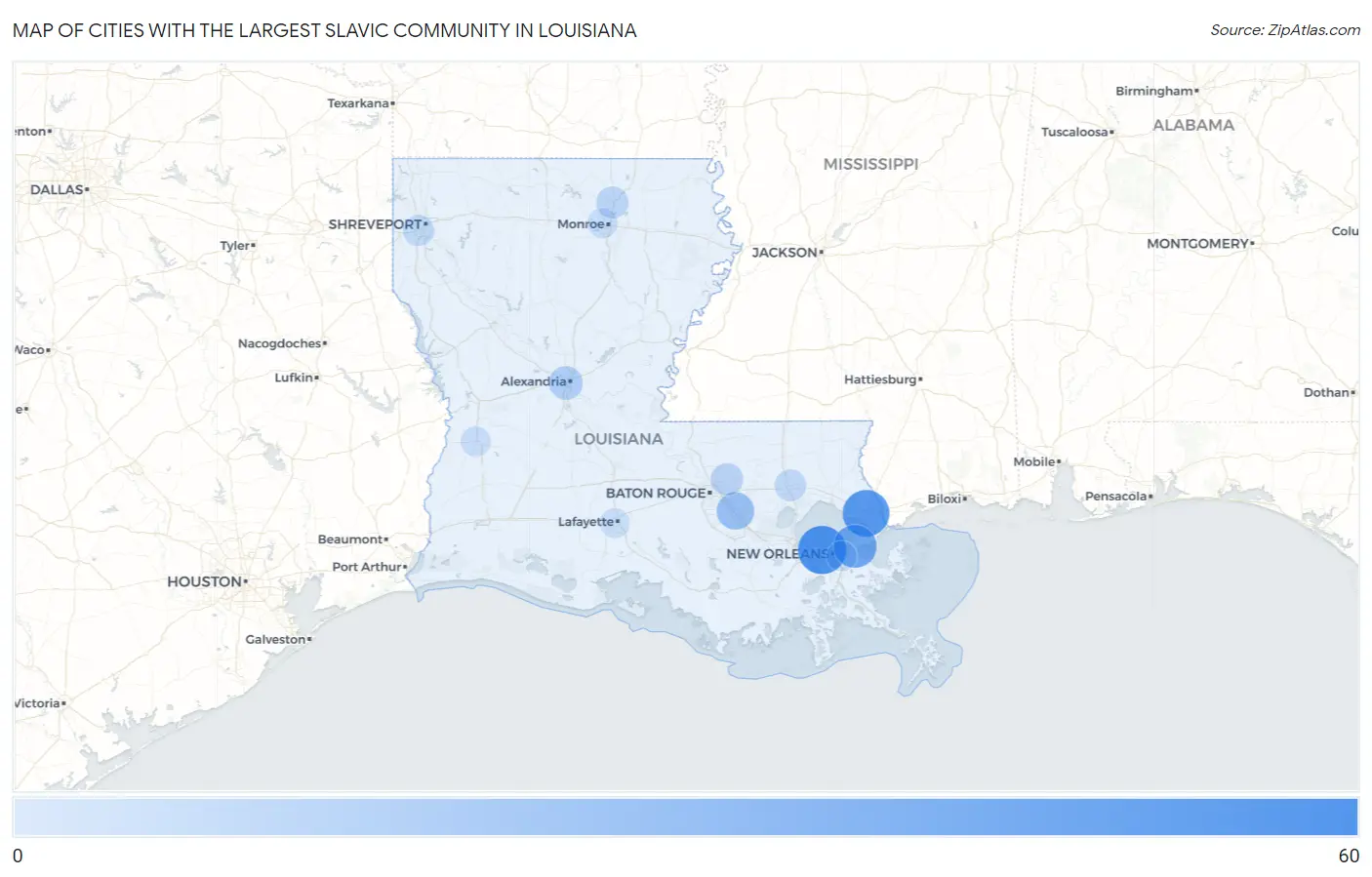 Cities with the Largest Slavic Community in Louisiana Map