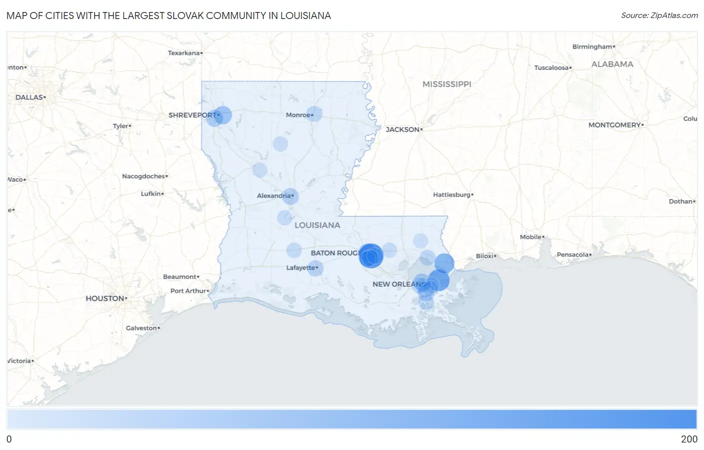 Cities with the Largest Slovak Community in Louisiana Map