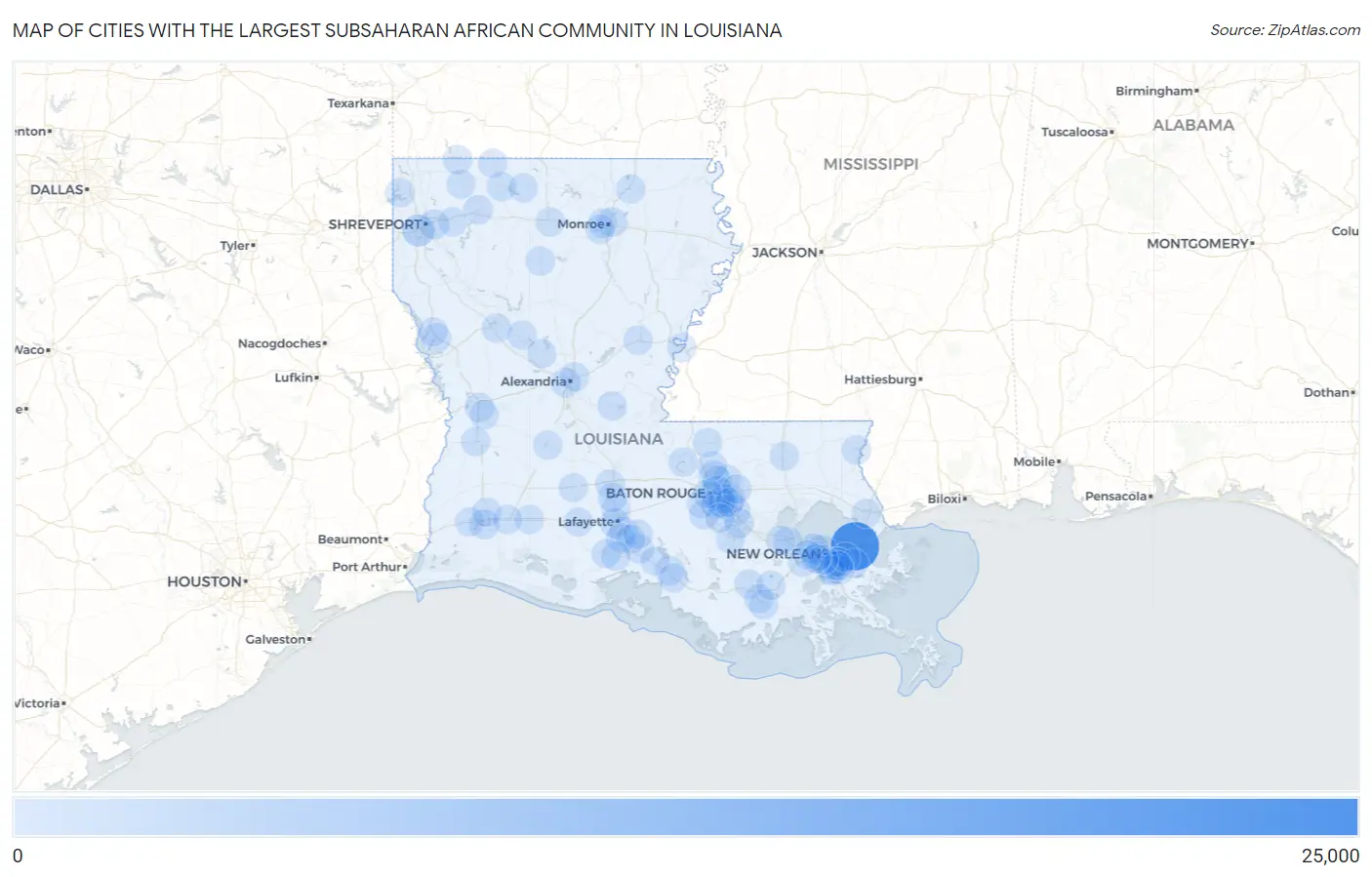 Cities with the Largest Subsaharan African Community in Louisiana Map
