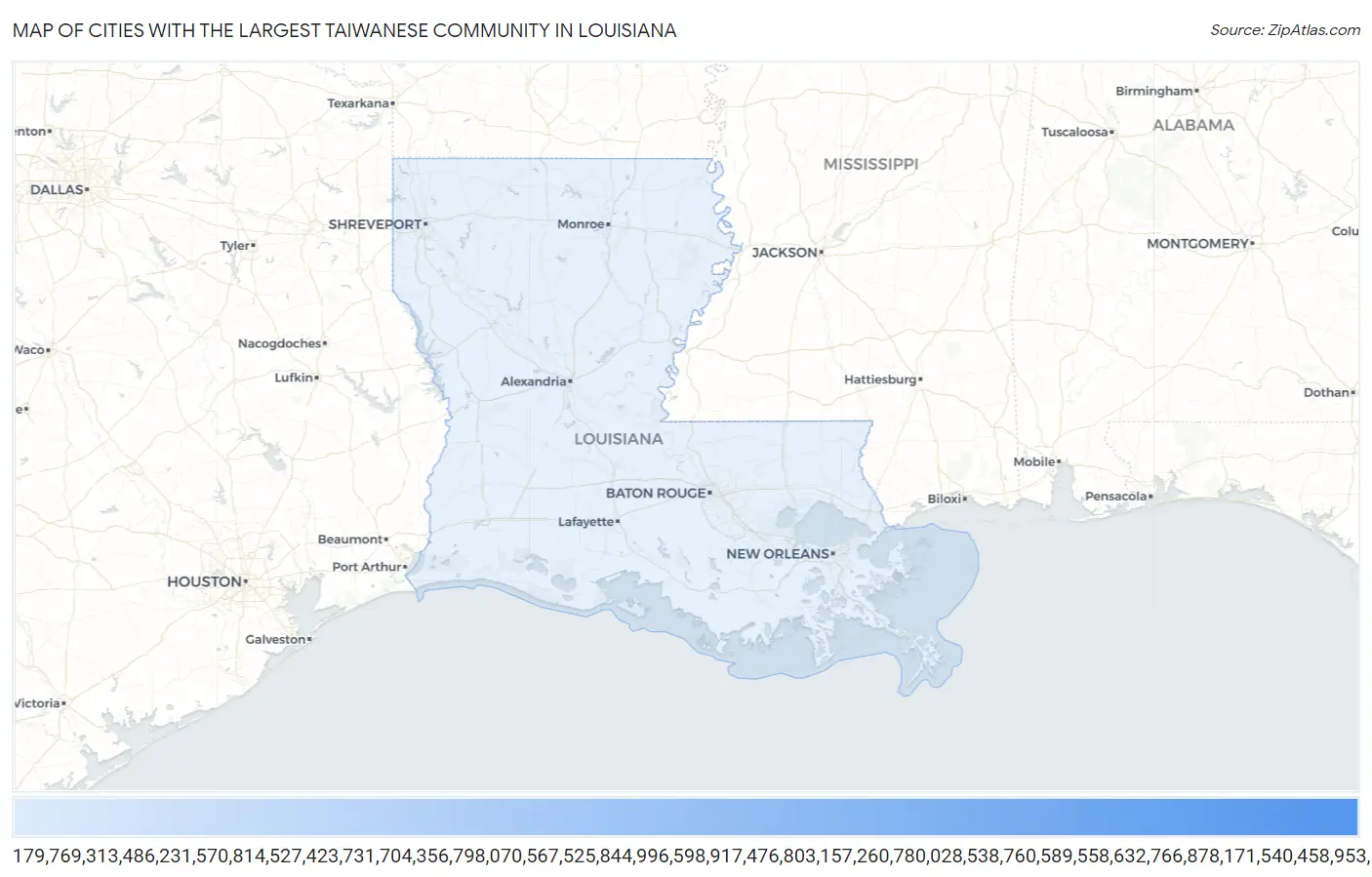 Cities with the Largest Taiwanese Community in Louisiana Map