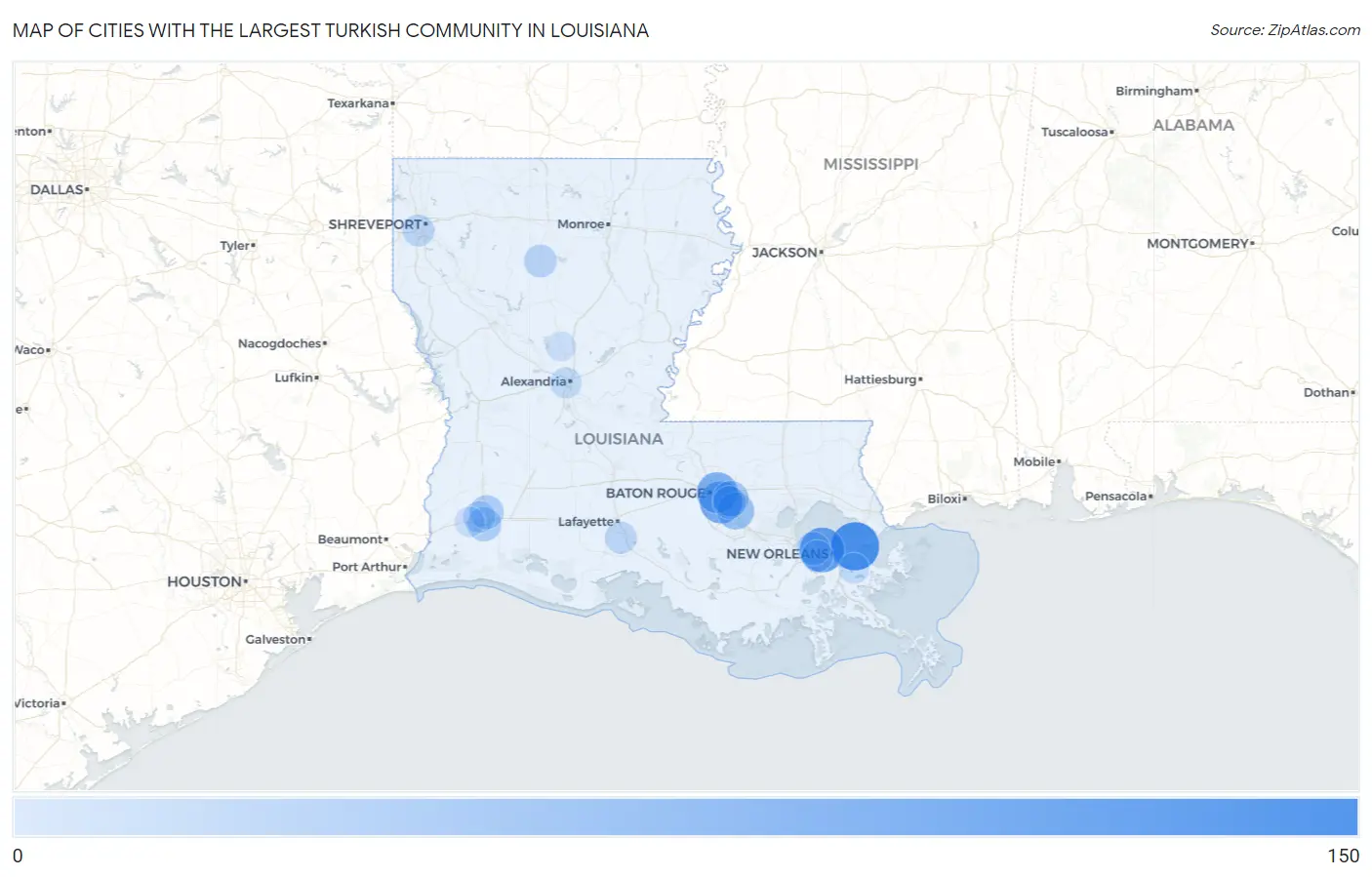 Cities with the Largest Turkish Community in Louisiana Map