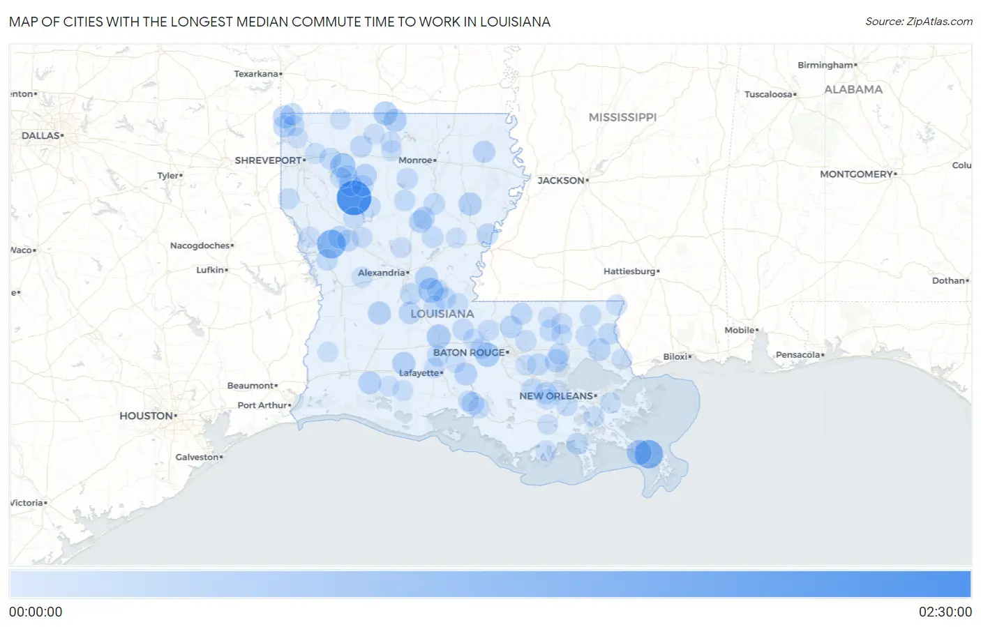 Cities with the Longest Median Commute Time to Work in Louisiana Map