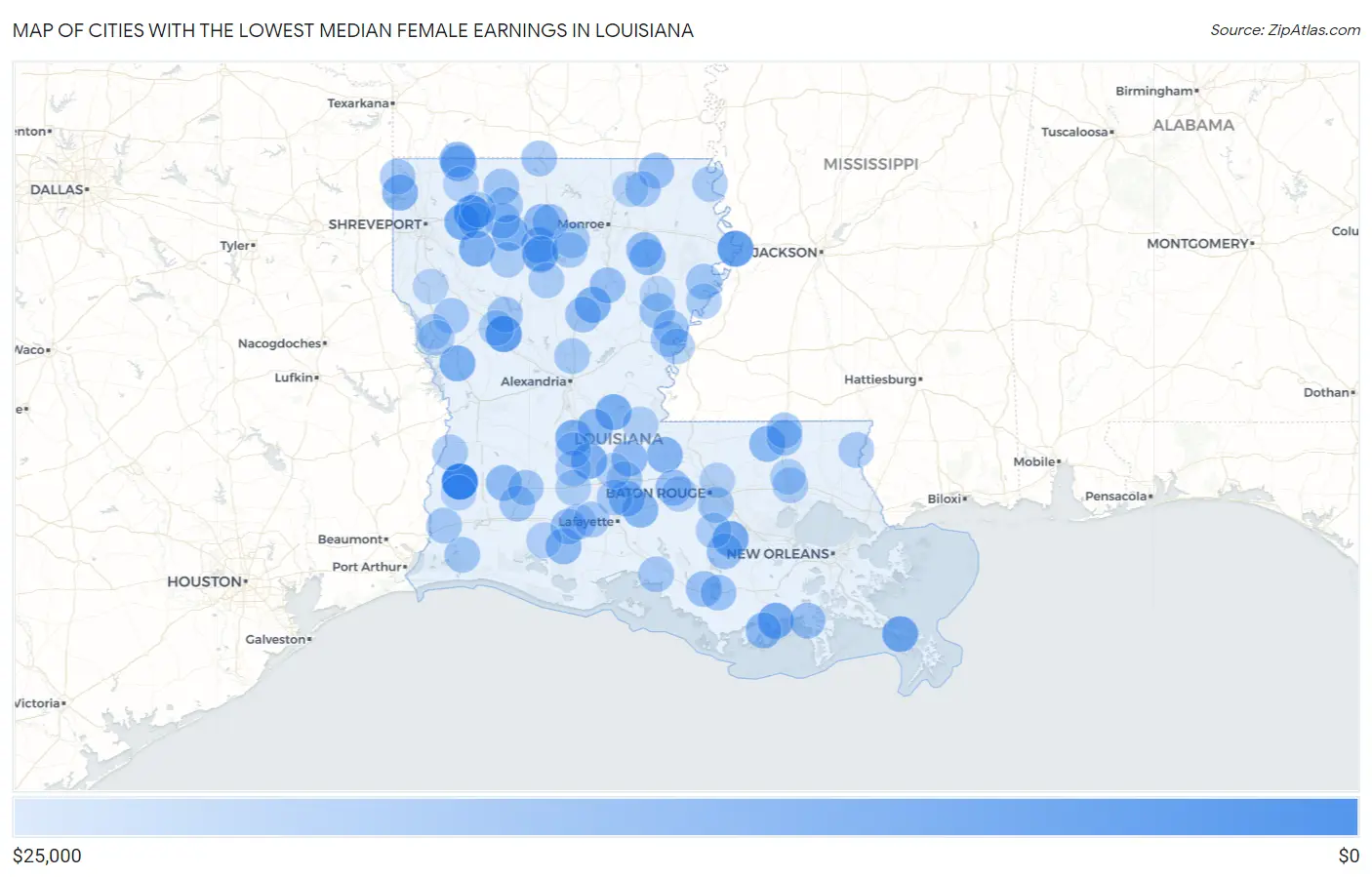Cities with the Lowest Median Female Earnings in Louisiana Map