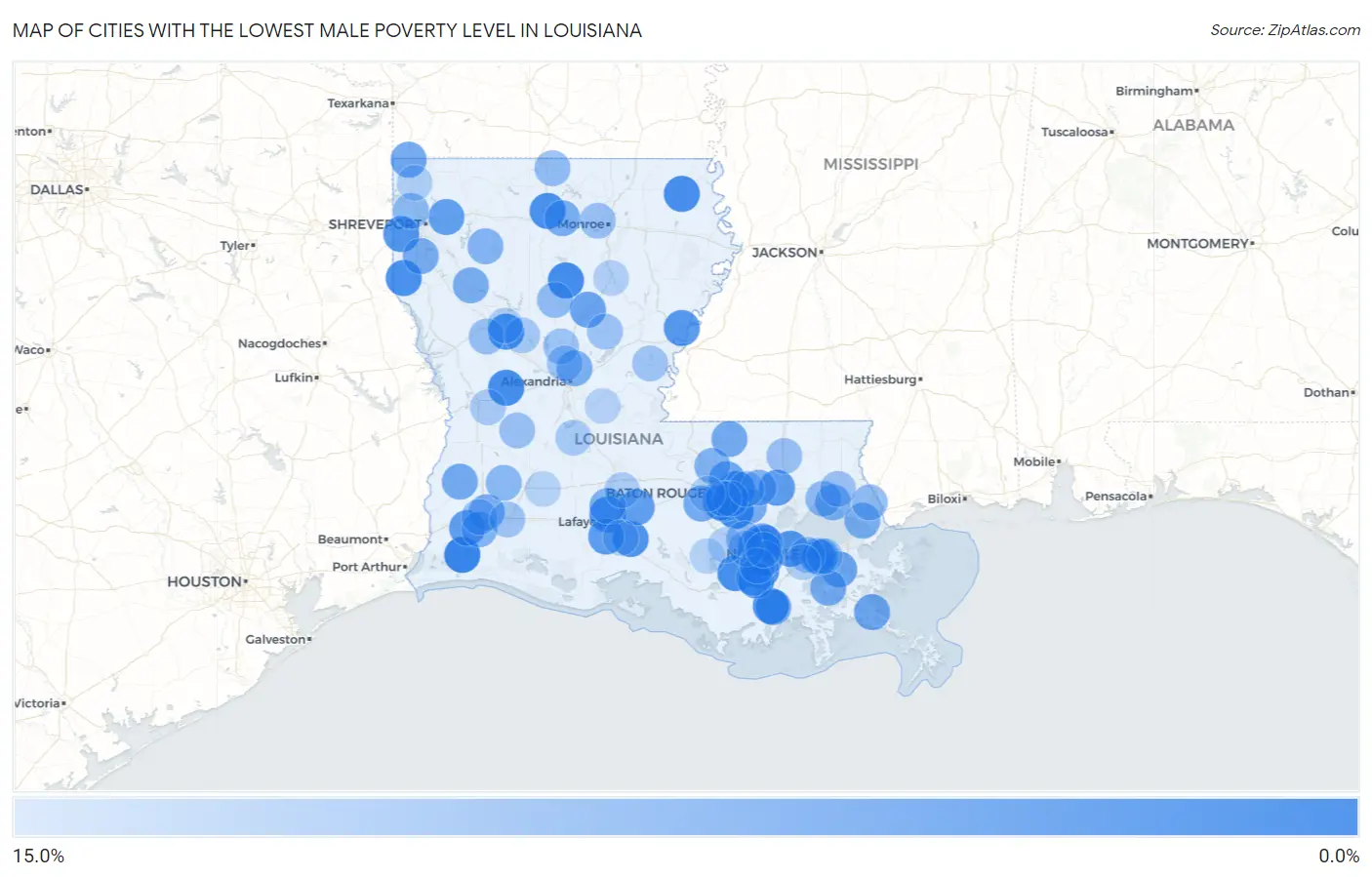 Cities with the Lowest Male Poverty Level in Louisiana Map