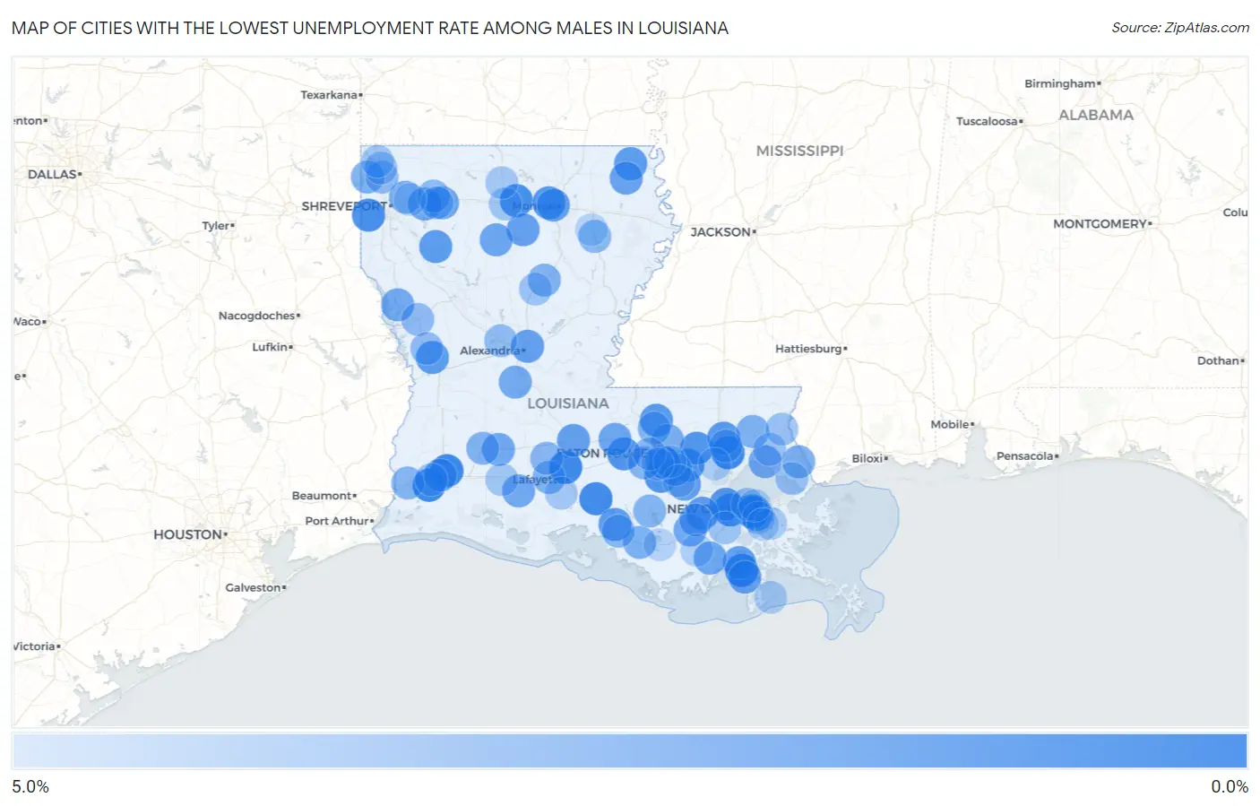 Cities with the Lowest Unemployment Rate Among Males in Louisiana Map