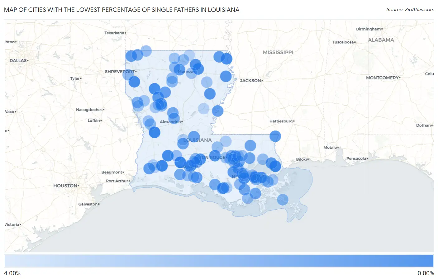 Cities with the Lowest Percentage of Single Fathers in Louisiana Map