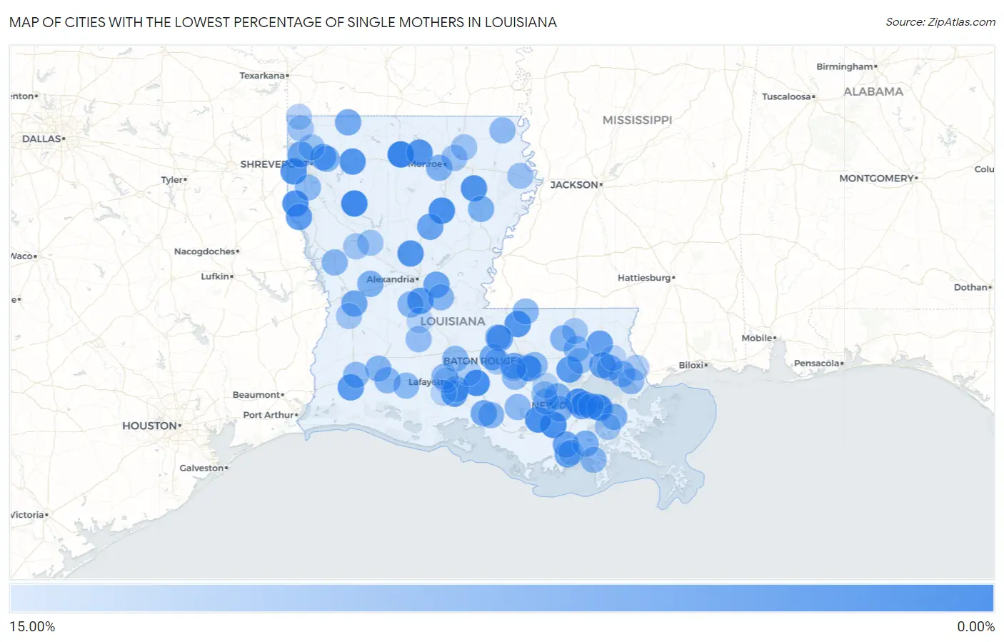 Cities with the Lowest Percentage of Single Mothers in Louisiana Map
