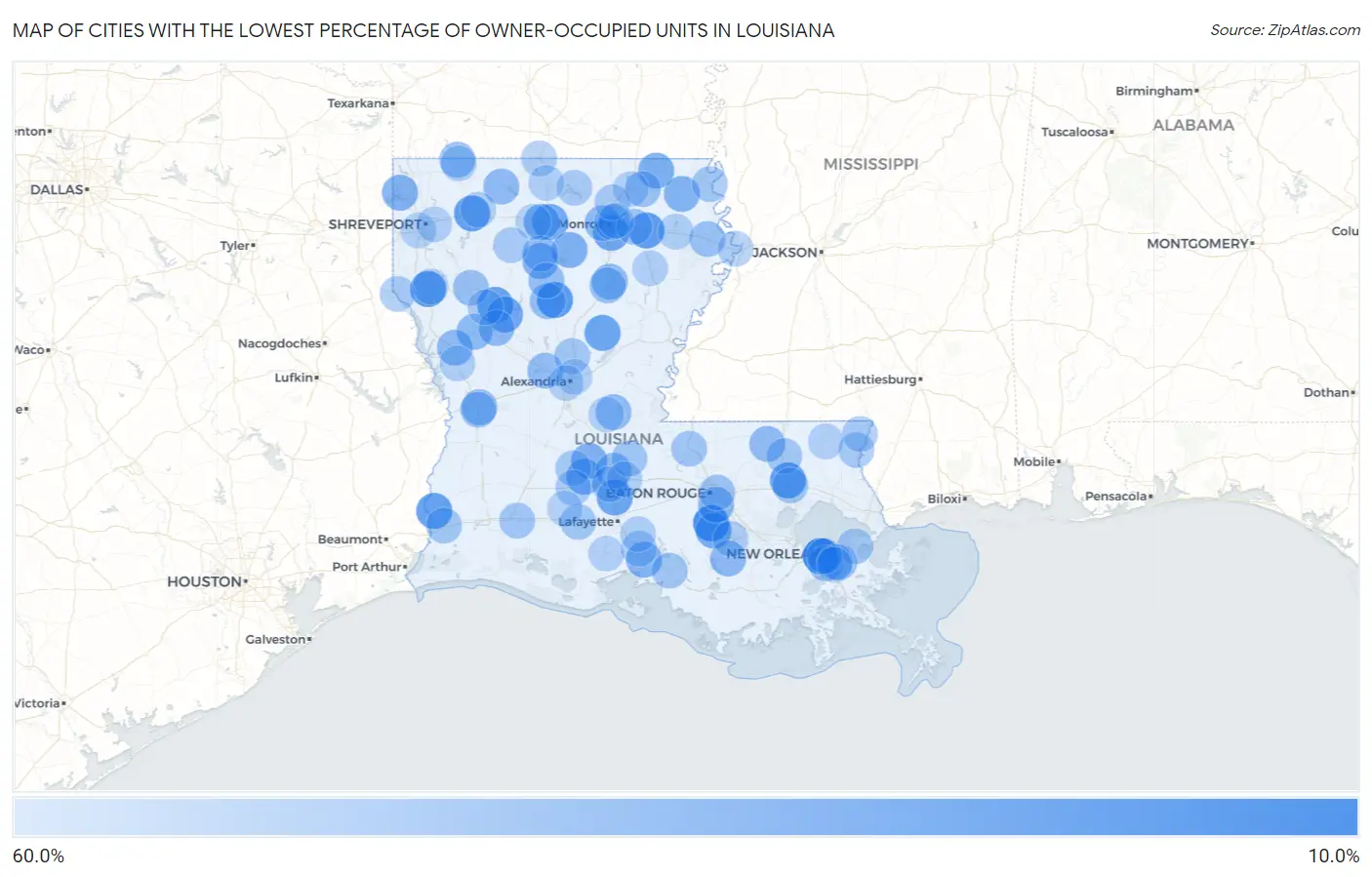 Cities with the Lowest Percentage of Owner-Occupied Units in Louisiana Map