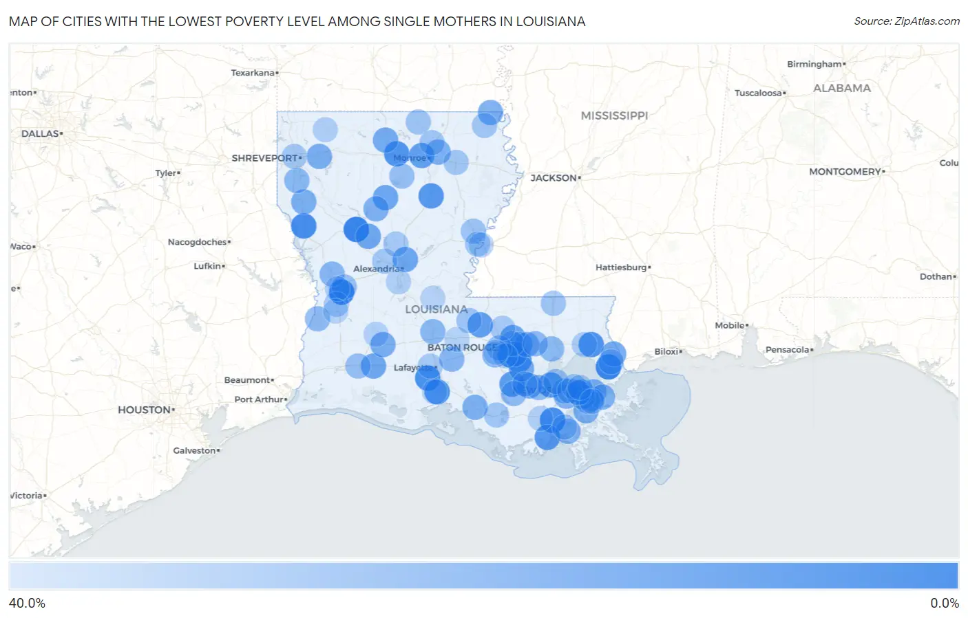 Cities with the Lowest Poverty Level Among Single Mothers in Louisiana Map