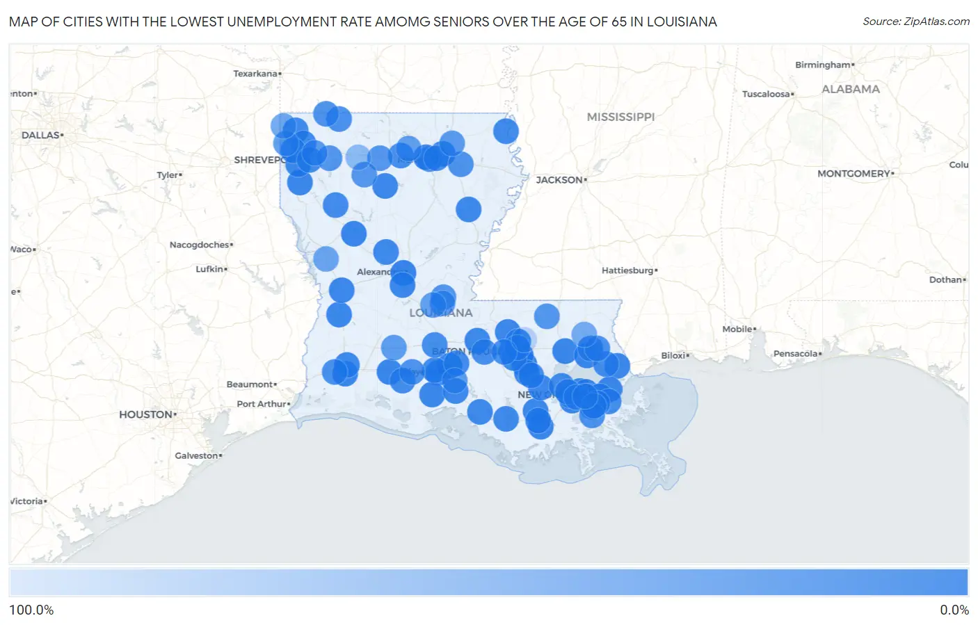 Cities with the Lowest Unemployment Rate Amomg Seniors Over the Age of 65 in Louisiana Map
