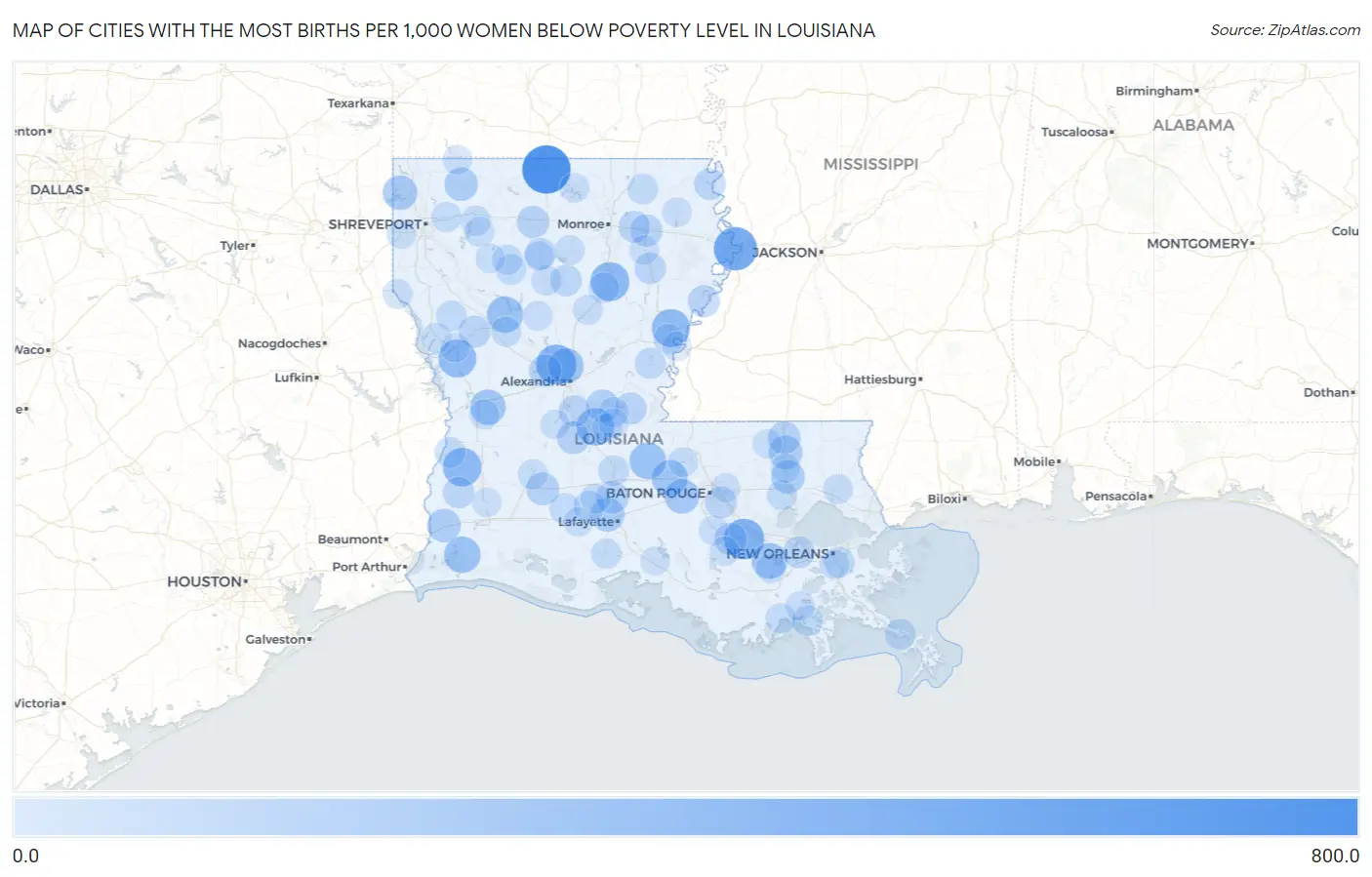 Cities with the Most Births per 1,000 Women Below Poverty Level in Louisiana Map