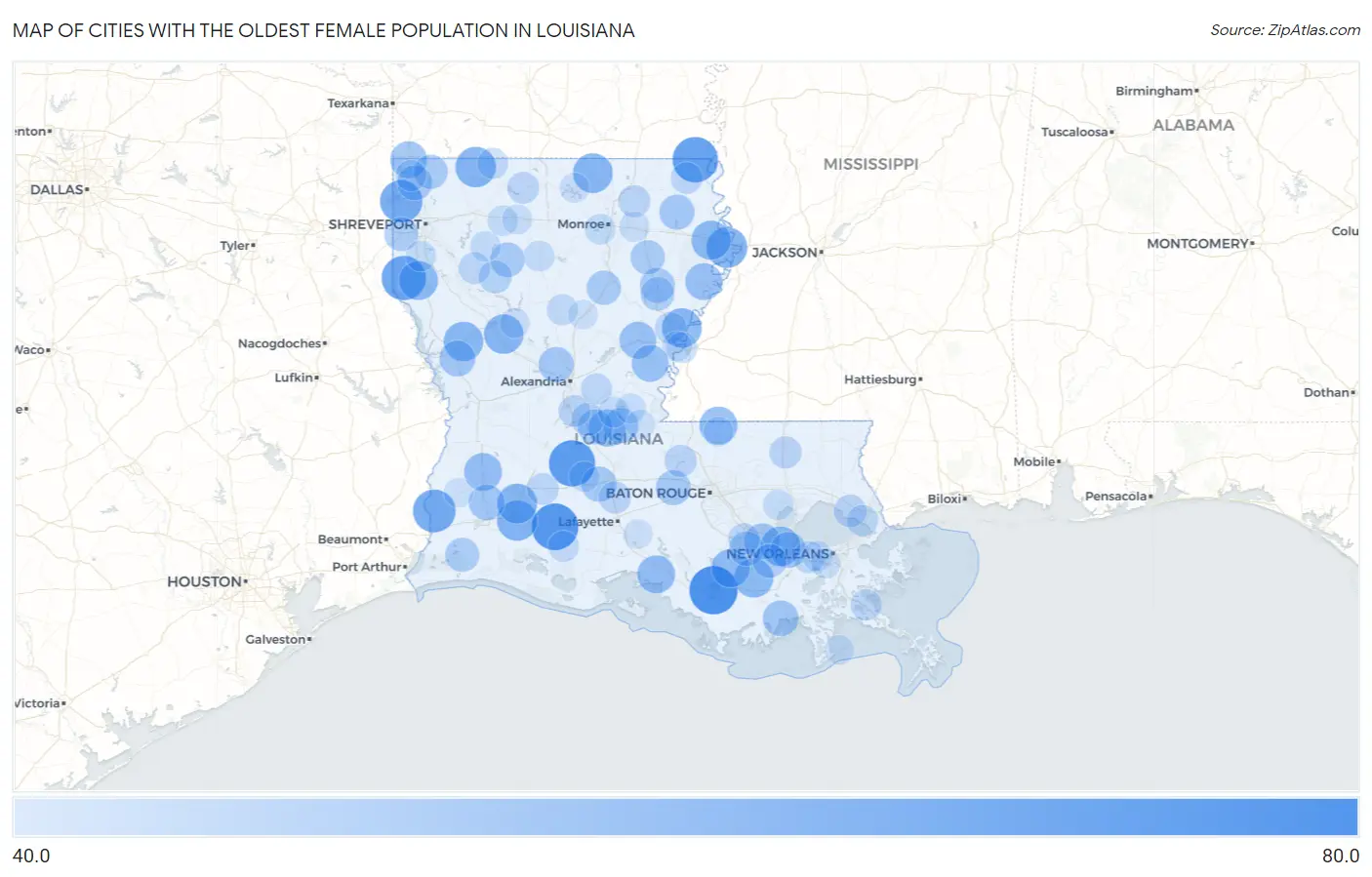 Cities with the Oldest Female Population in Louisiana Map