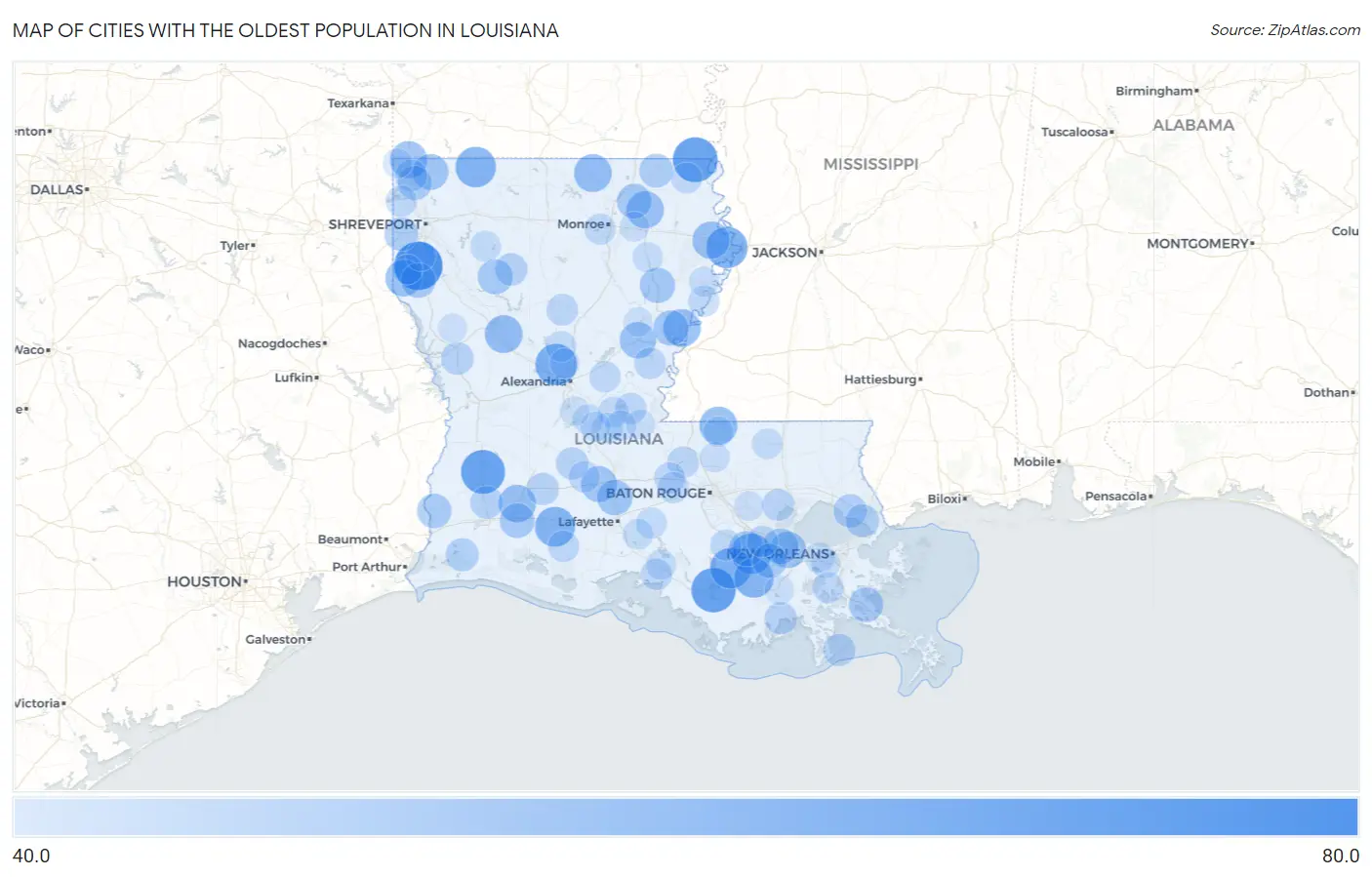 Cities with the Oldest Population in Louisiana Map