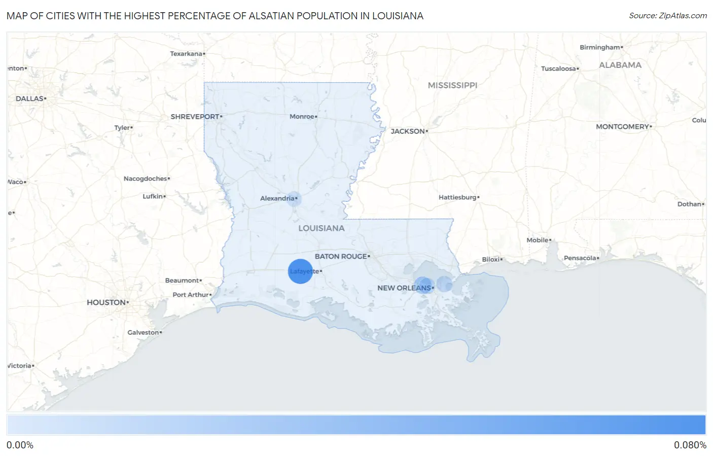 Cities with the Highest Percentage of Alsatian Population in Louisiana Map