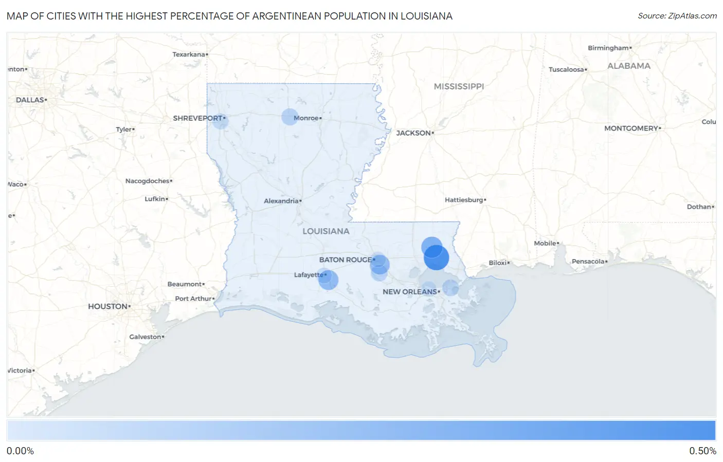 Cities with the Highest Percentage of Argentinean Population in Louisiana Map
