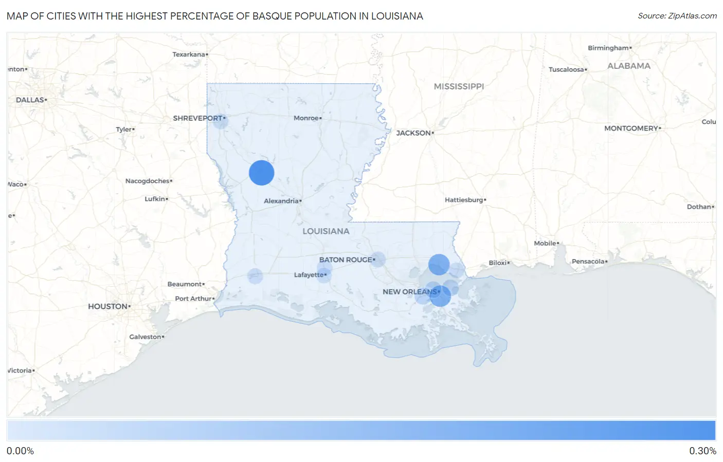 Cities with the Highest Percentage of Basque Population in Louisiana Map