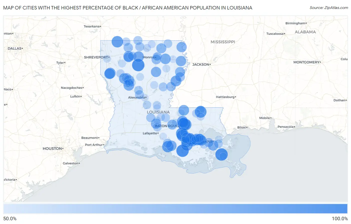 Cities with the Highest Percentage of Black / African American Population in Louisiana Map