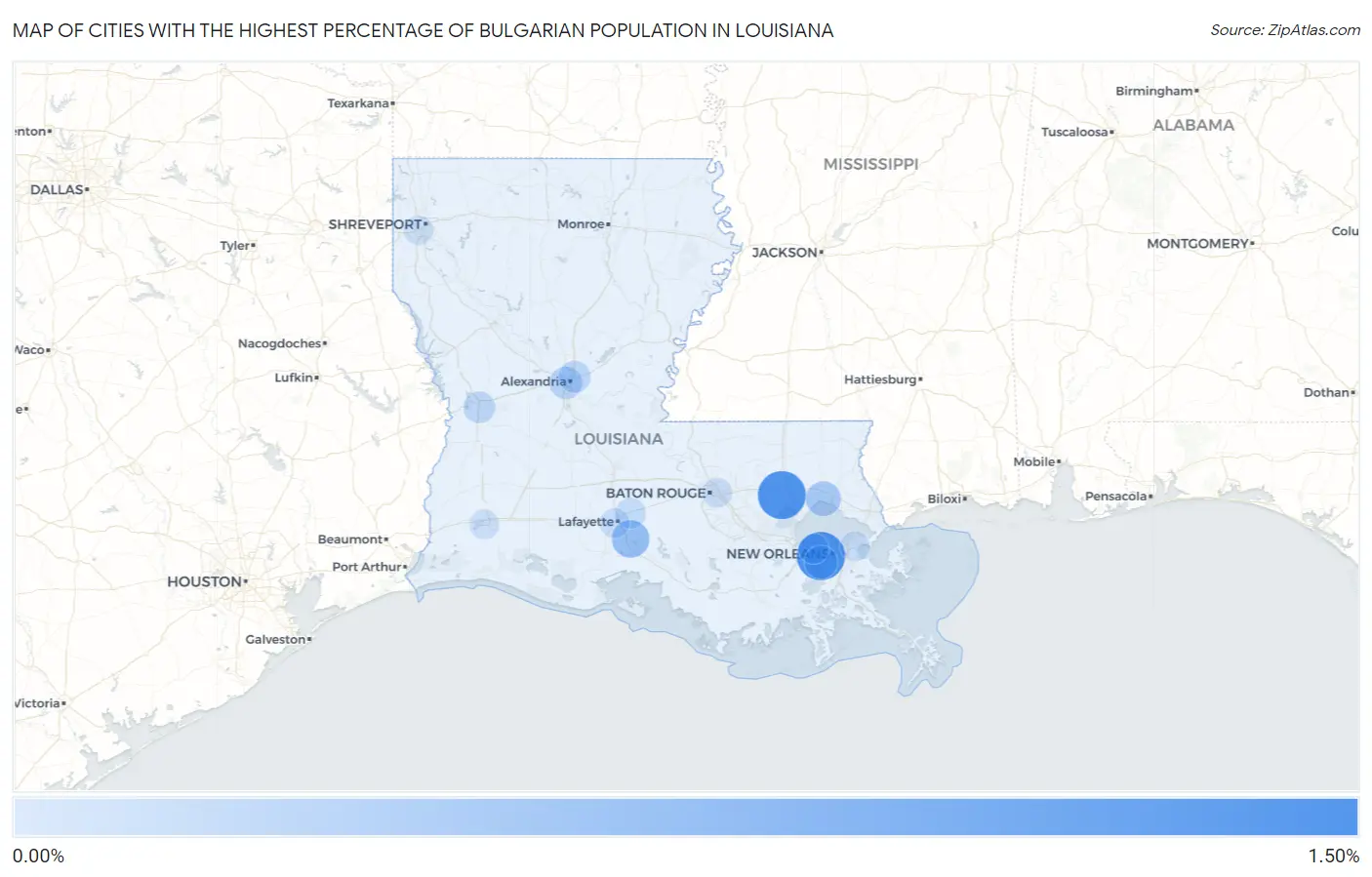 Cities with the Highest Percentage of Bulgarian Population in Louisiana Map