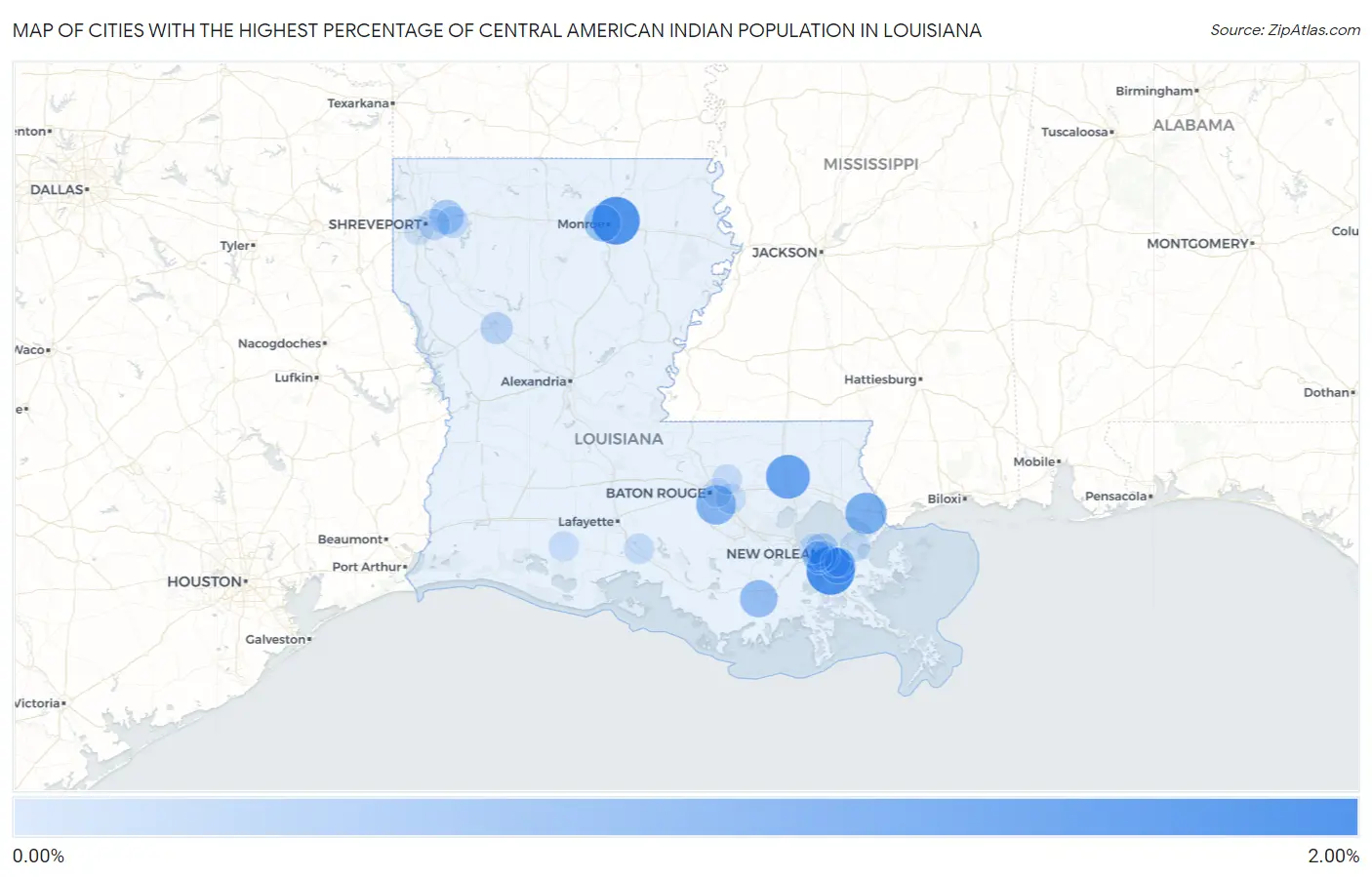 Cities with the Highest Percentage of Central American Indian Population in Louisiana Map