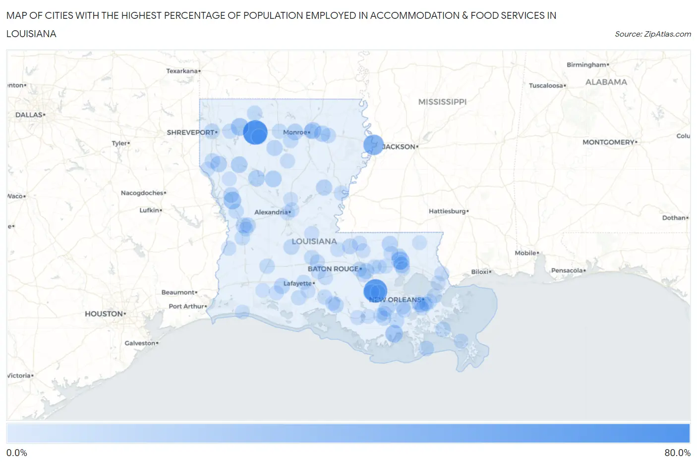 Cities with the Highest Percentage of Population Employed in Accommodation & Food Services in Louisiana Map