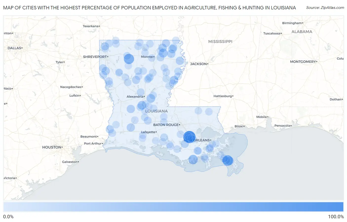 Cities with the Highest Percentage of Population Employed in Agriculture, Fishing & Hunting in Louisiana Map