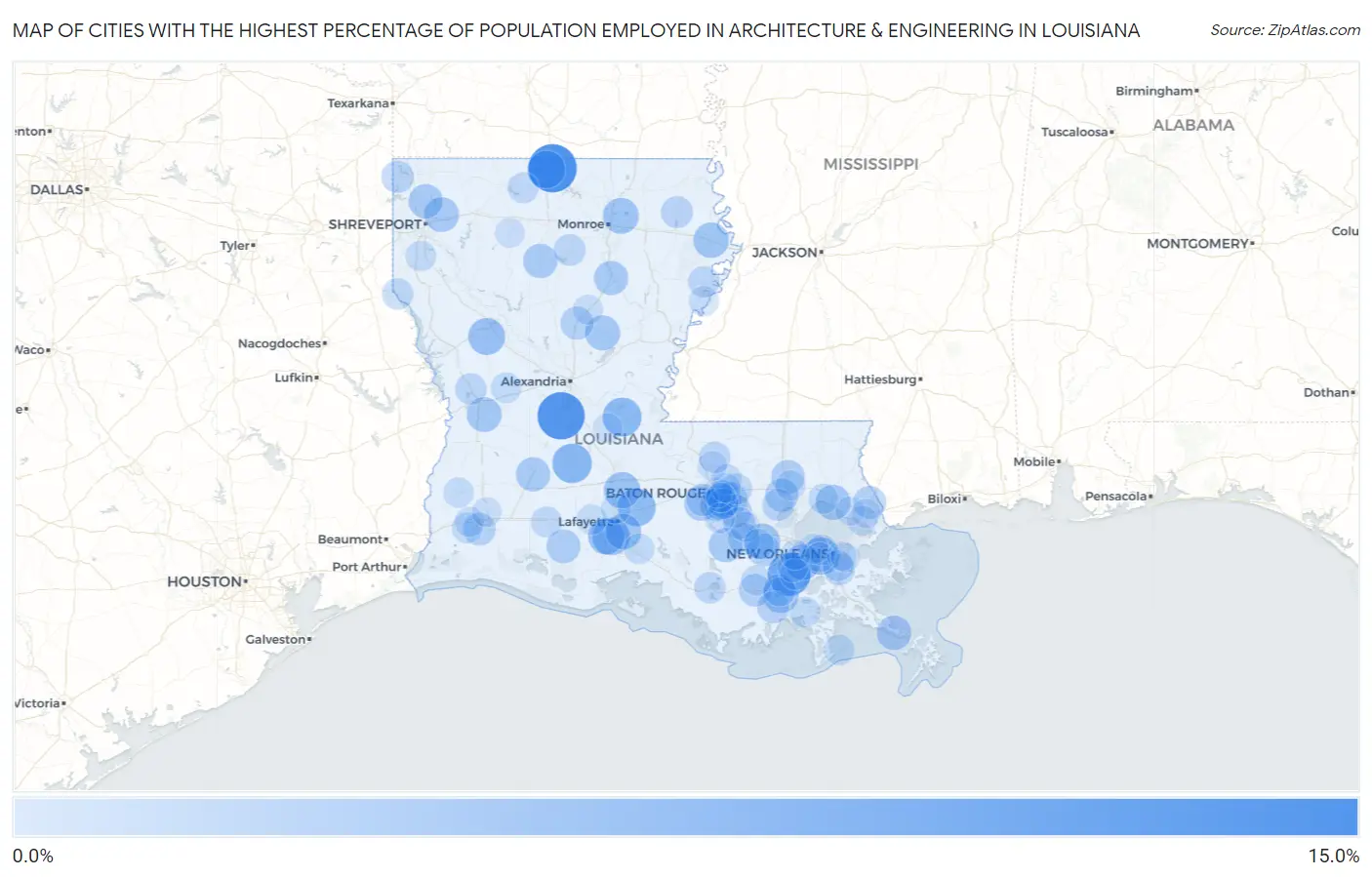 Cities with the Highest Percentage of Population Employed in Architecture & Engineering in Louisiana Map