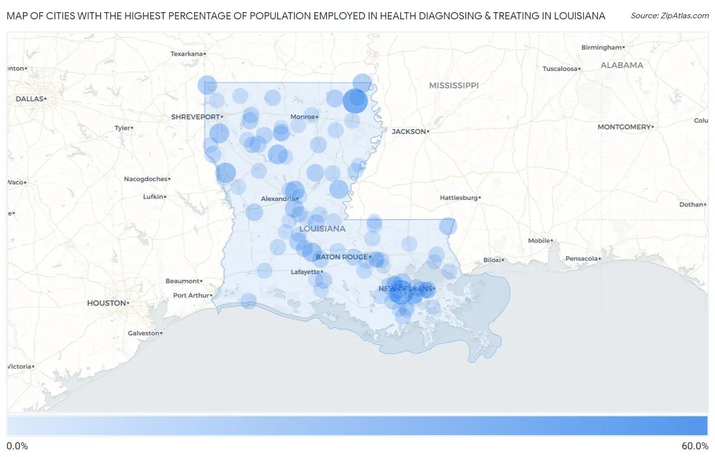 Cities with the Highest Percentage of Population Employed in Health Diagnosing & Treating in Louisiana Map