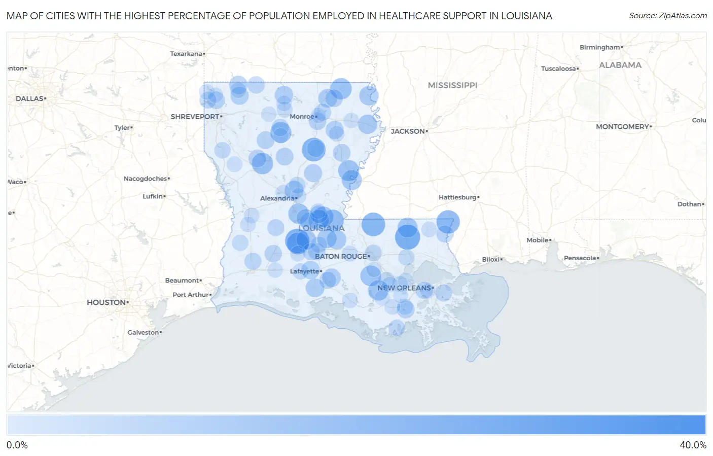 Cities with the Highest Percentage of Population Employed in Healthcare Support in Louisiana Map