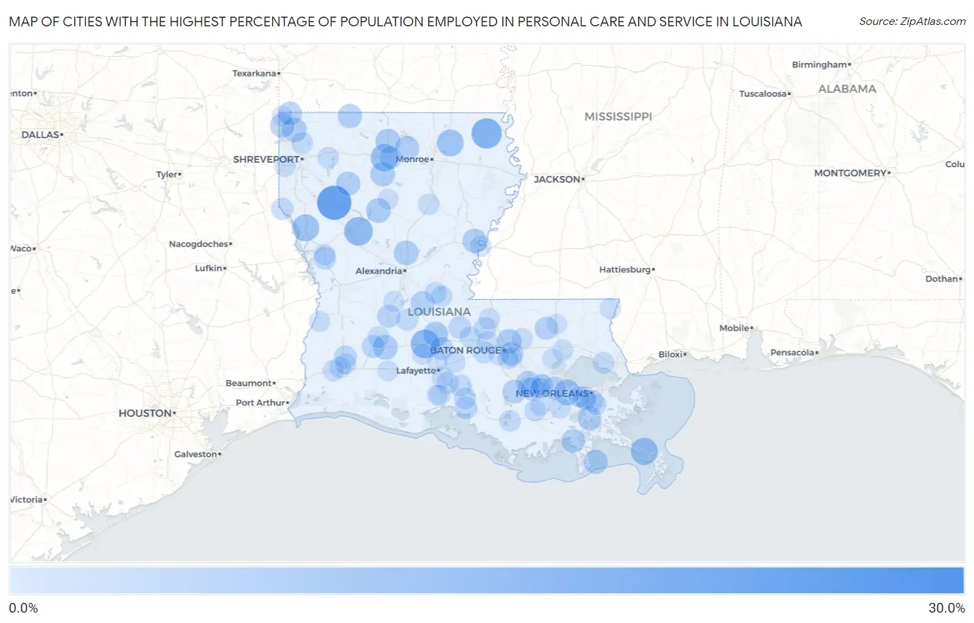 Cities with the Highest Percentage of Population Employed in Personal Care and Service in Louisiana Map