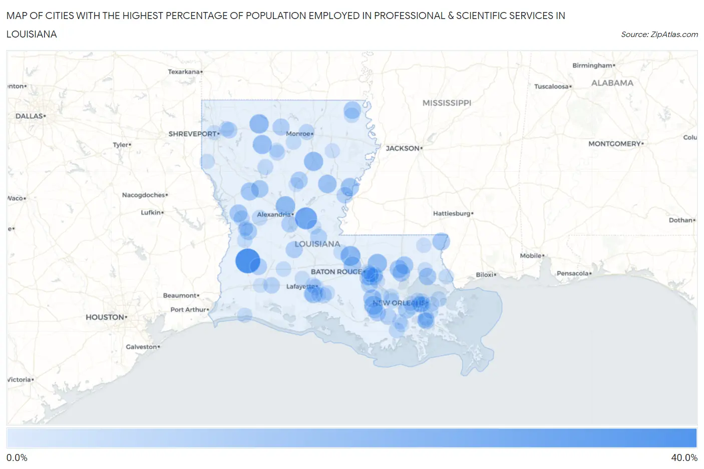 Cities with the Highest Percentage of Population Employed in Professional & Scientific Services in Louisiana Map