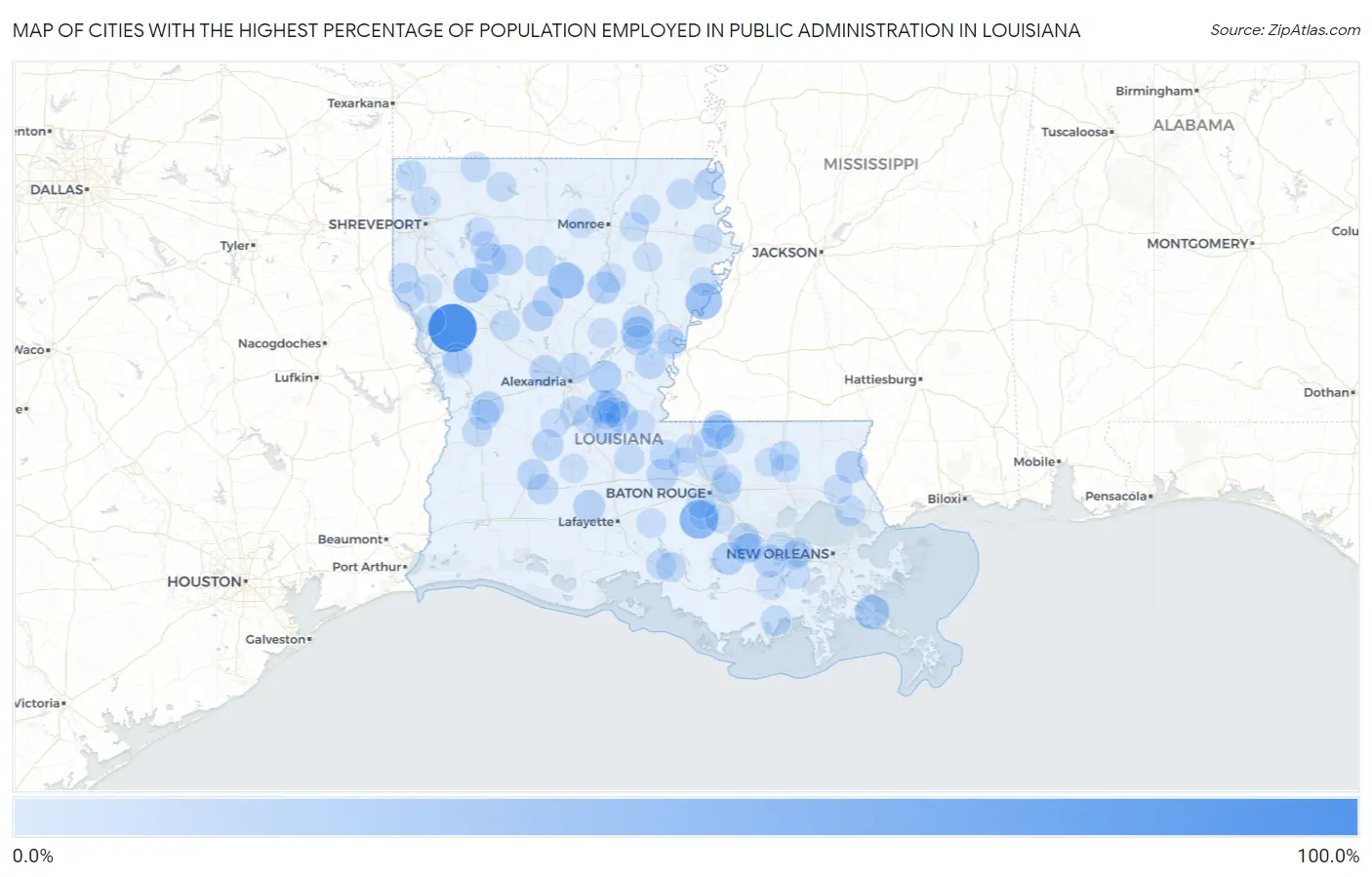 Cities with the Highest Percentage of Population Employed in Public Administration in Louisiana Map
