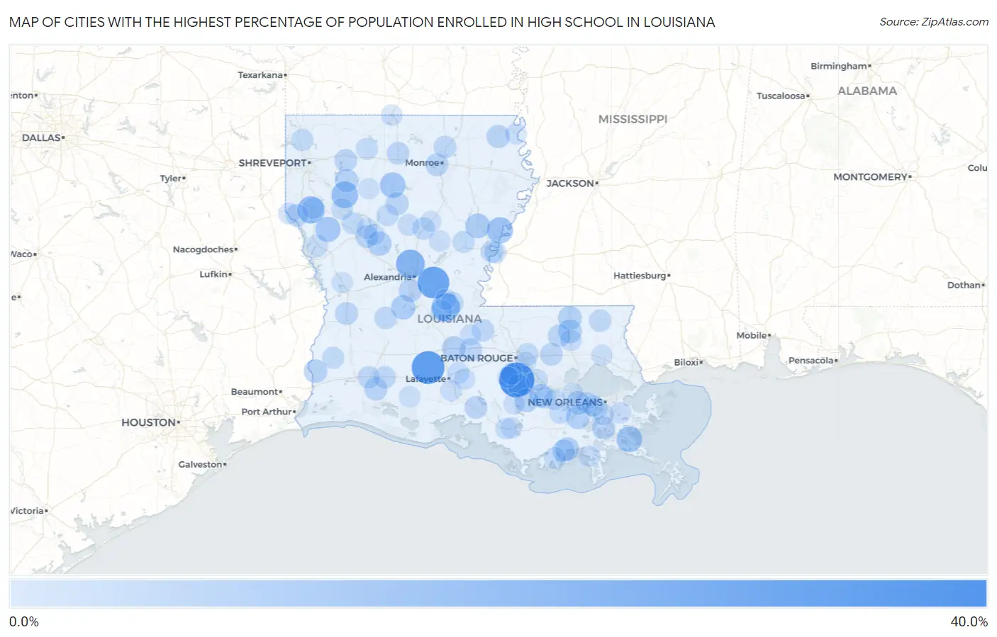 Cities with the Highest Percentage of Population Enrolled in High School in Louisiana Map