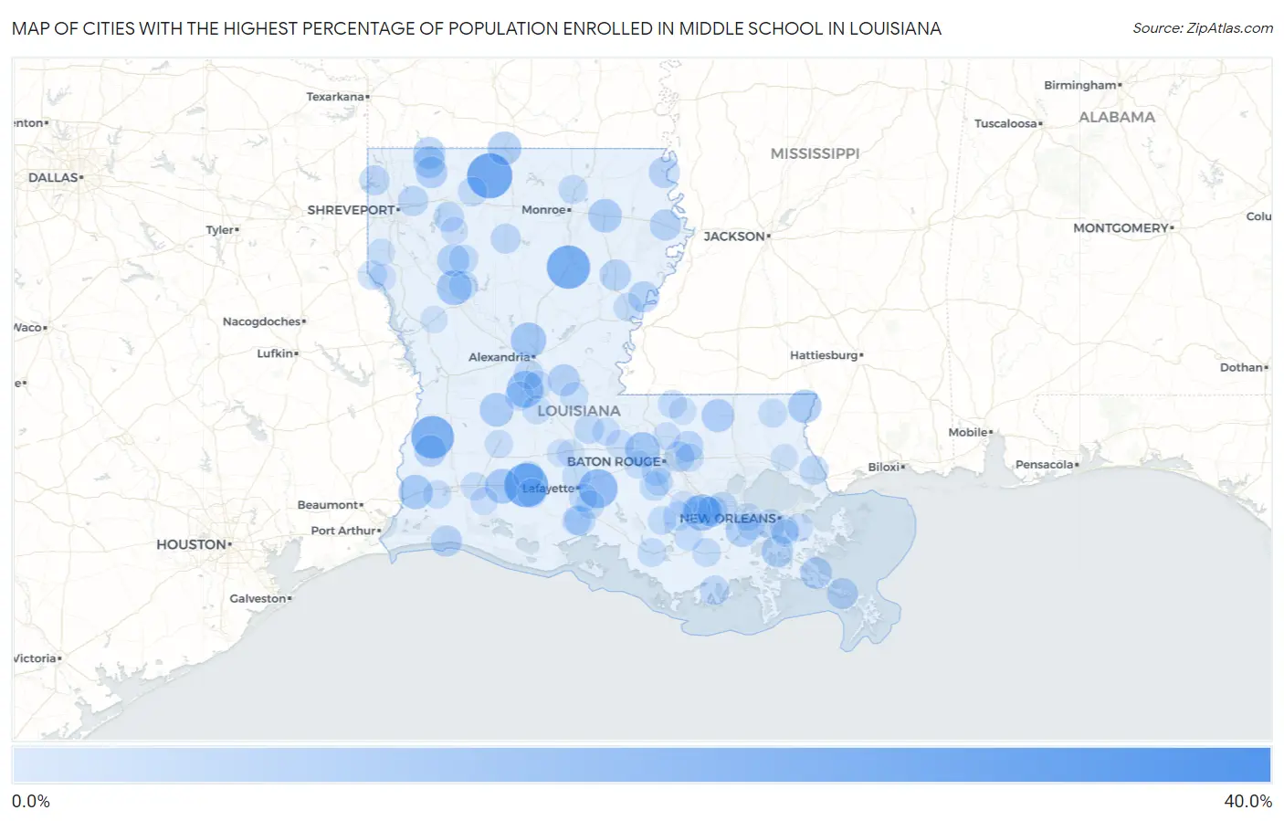 Cities with the Highest Percentage of Population Enrolled in Middle School in Louisiana Map