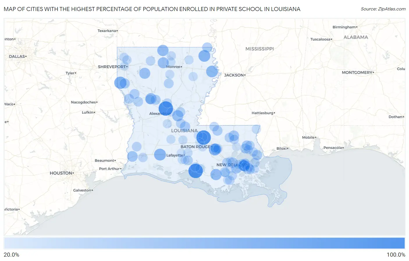 Cities with the Highest Percentage of Population Enrolled in Private School in Louisiana Map