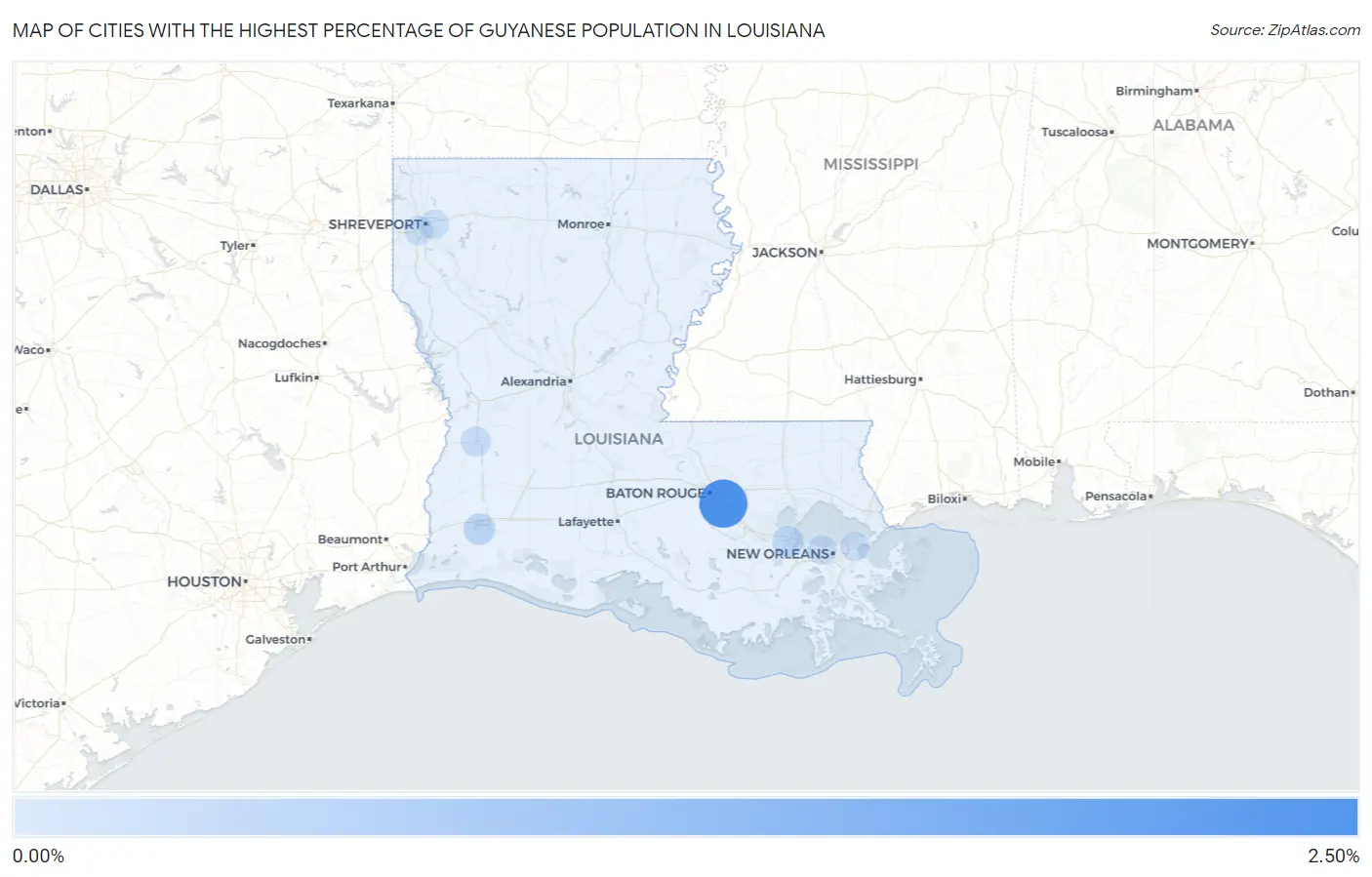 Cities with the Highest Percentage of Guyanese Population in Louisiana Map