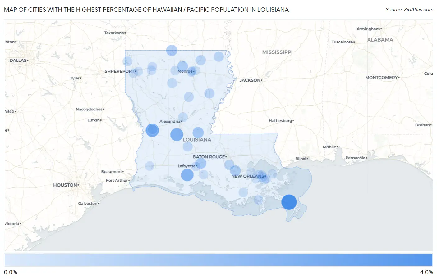 Cities with the Highest Percentage of Hawaiian / Pacific Population in Louisiana Map