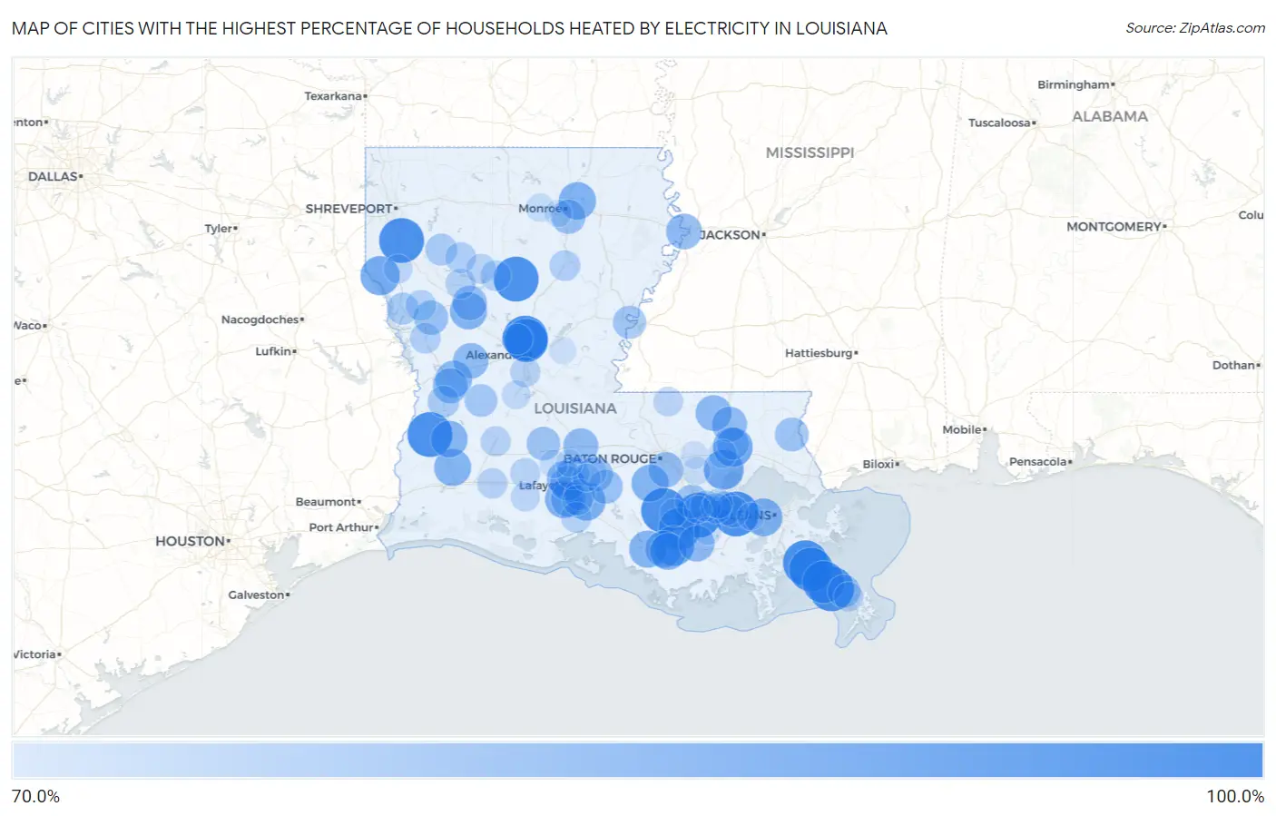 Cities with the Highest Percentage of Households Heated by Electricity in Louisiana Map