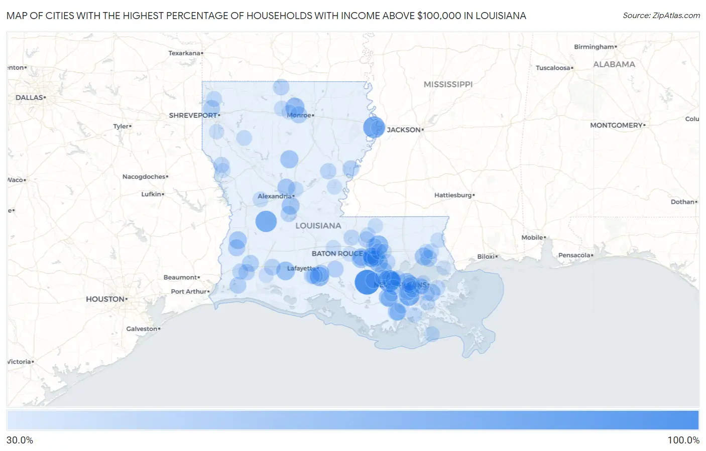 Cities with the Highest Percentage of Households with Income Above $100,000 in Louisiana Map