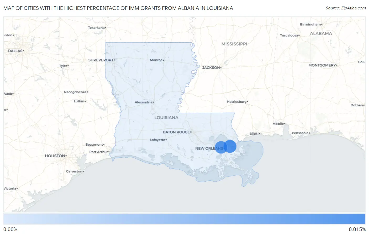 Cities with the Highest Percentage of Immigrants from Albania in Louisiana Map
