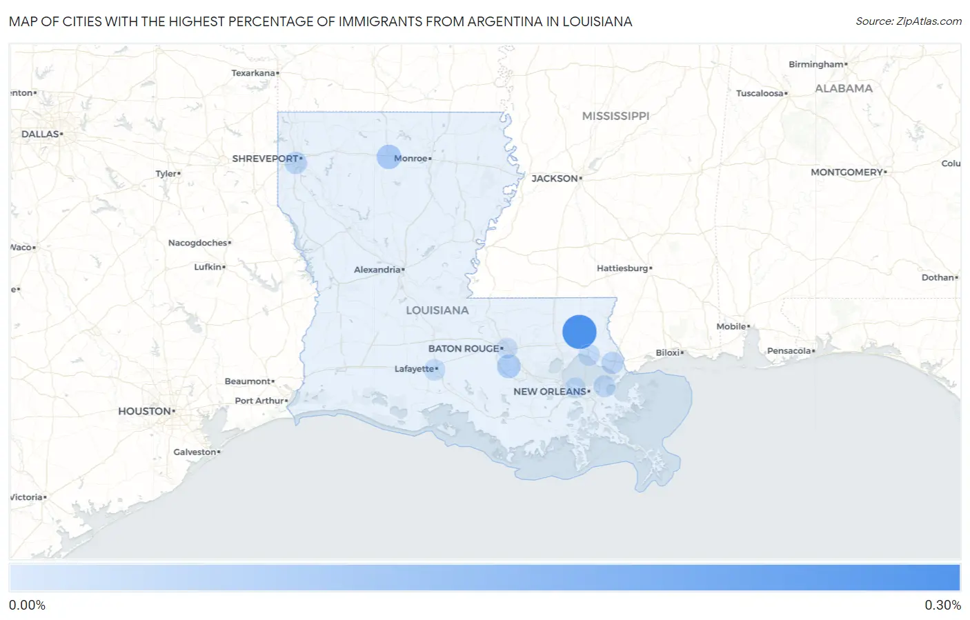 Cities with the Highest Percentage of Immigrants from Argentina in Louisiana Map